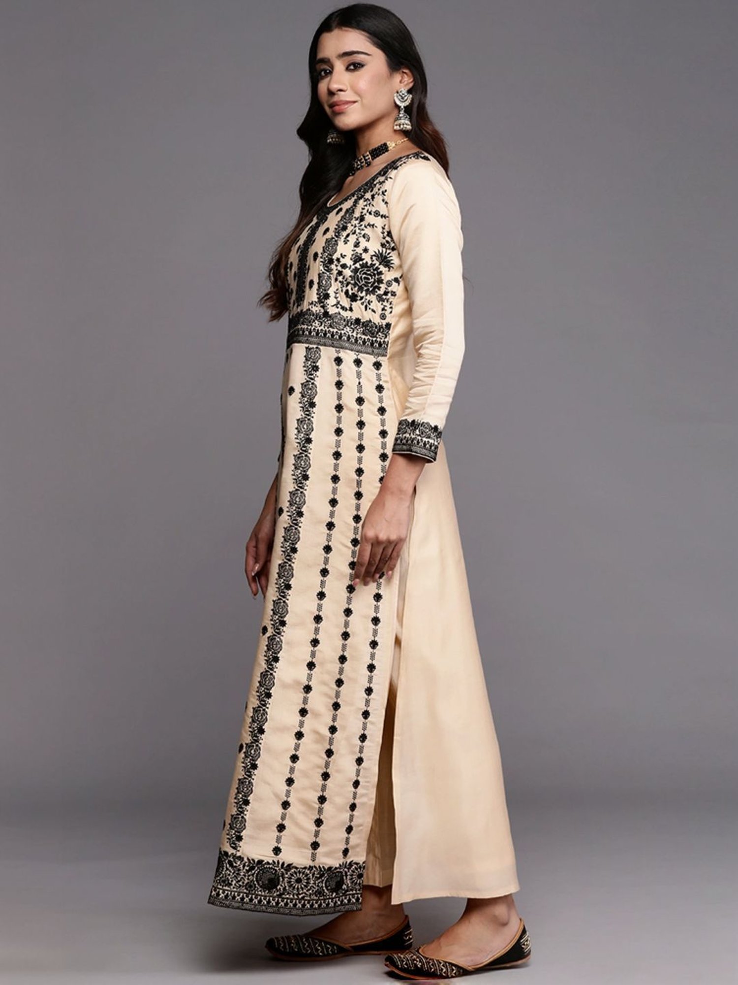 Libas Art Beige Embroidered Kurta Pant Set With Dupatta