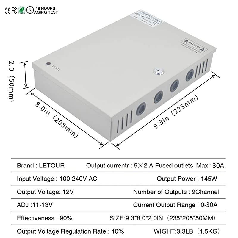 DC Power Supply 9 Channel Port Output 12V 150W CCTV Electrical Box Distributed Power Supply Box with AC Power Line and Key 9CH 125A 150W
