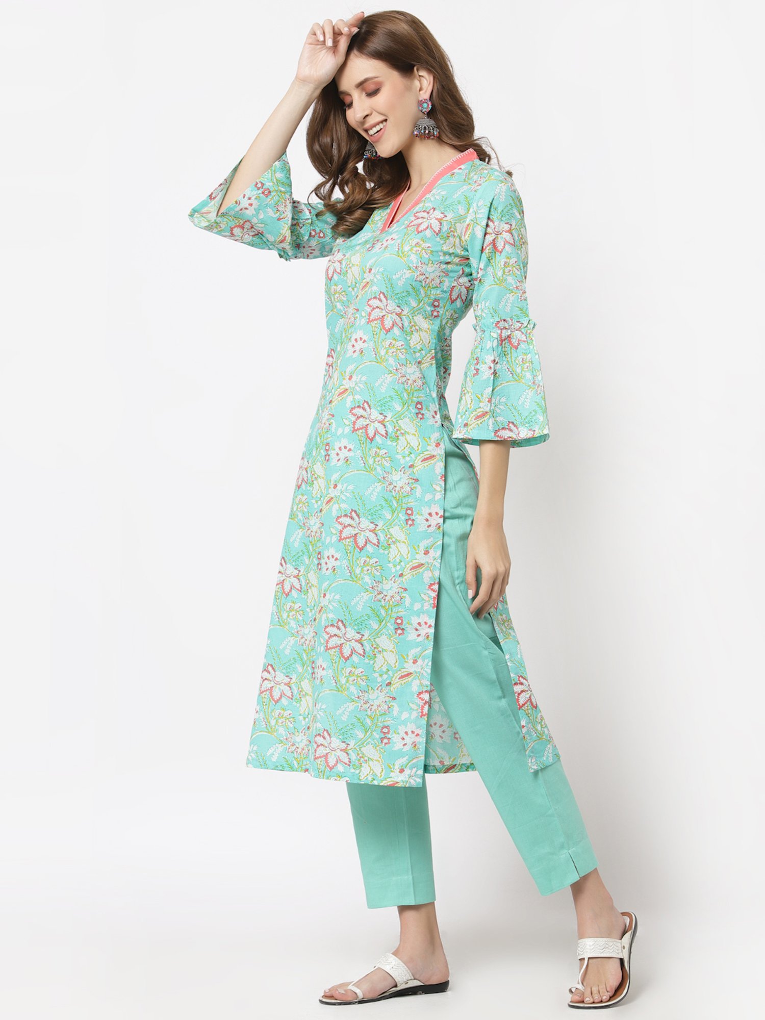 Kami Kubi Green Cotton Floral Print Straight Kurta