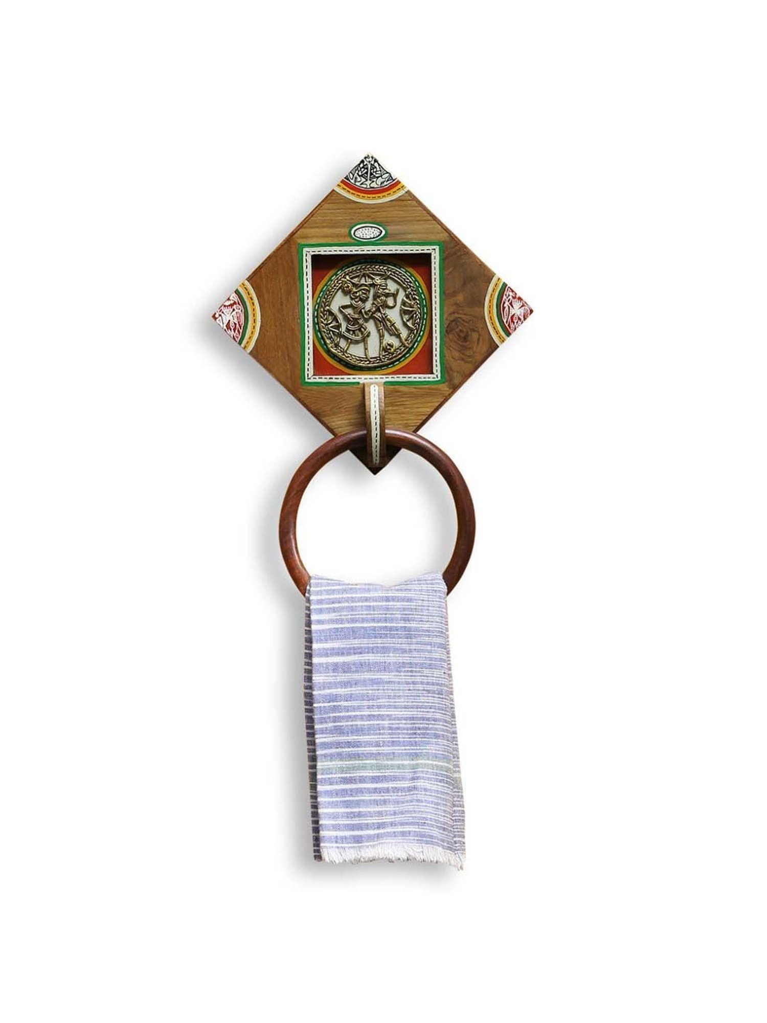 ExclusiveLane 'Brass-y On Wood' Warli Hand-Painted Dhokra Towel Holder In Sheesham Wood