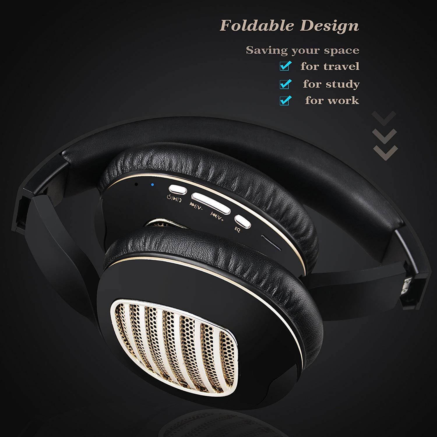Bluetooth Headphones, Riwbox WB5 Bluetooth 4.2 Wireless Foldable Headphones Over Ear with Microphone, 5 EQ Sound Modes, Soft Memory-Protein Earmuffs, Wireless and Wired Headset for PC (Black Gold)