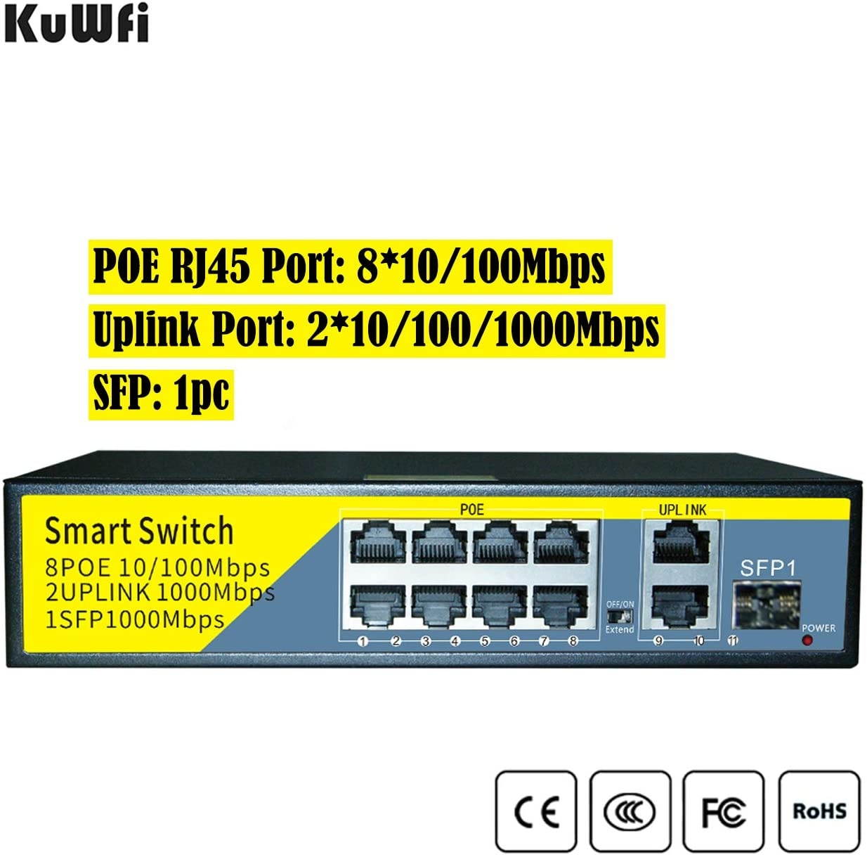 KuWFi Gigabit Ethernet Network Switch 11-Port PoE 2 Port Uplink 1 SFP 802.3AT/AF 120W Cat5 Unmanaged Metal Smart Desktop Network Power Over Ethernet Injector