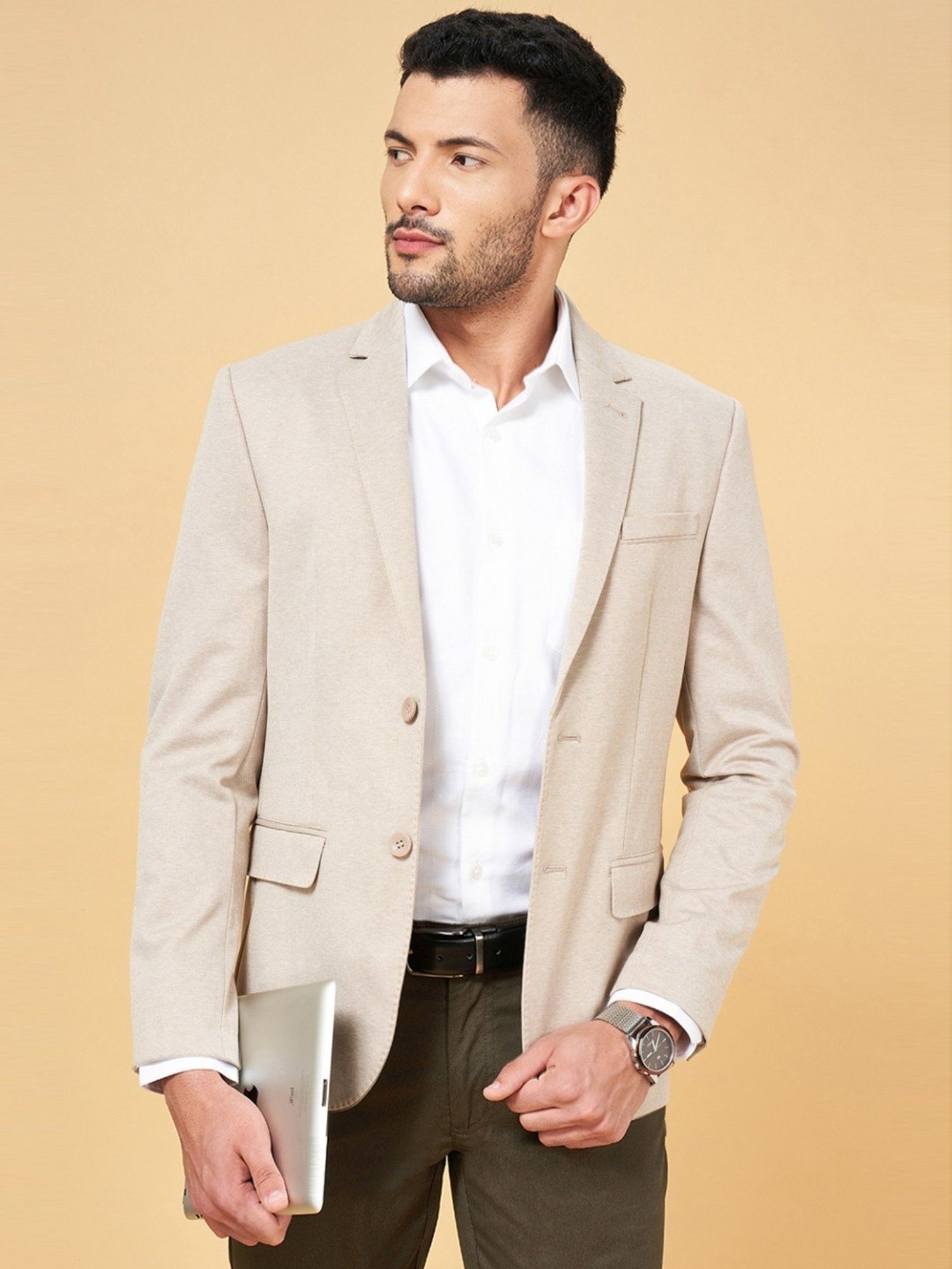 Byford by Pantaloons Beige Cotton Slim Fit Blazer