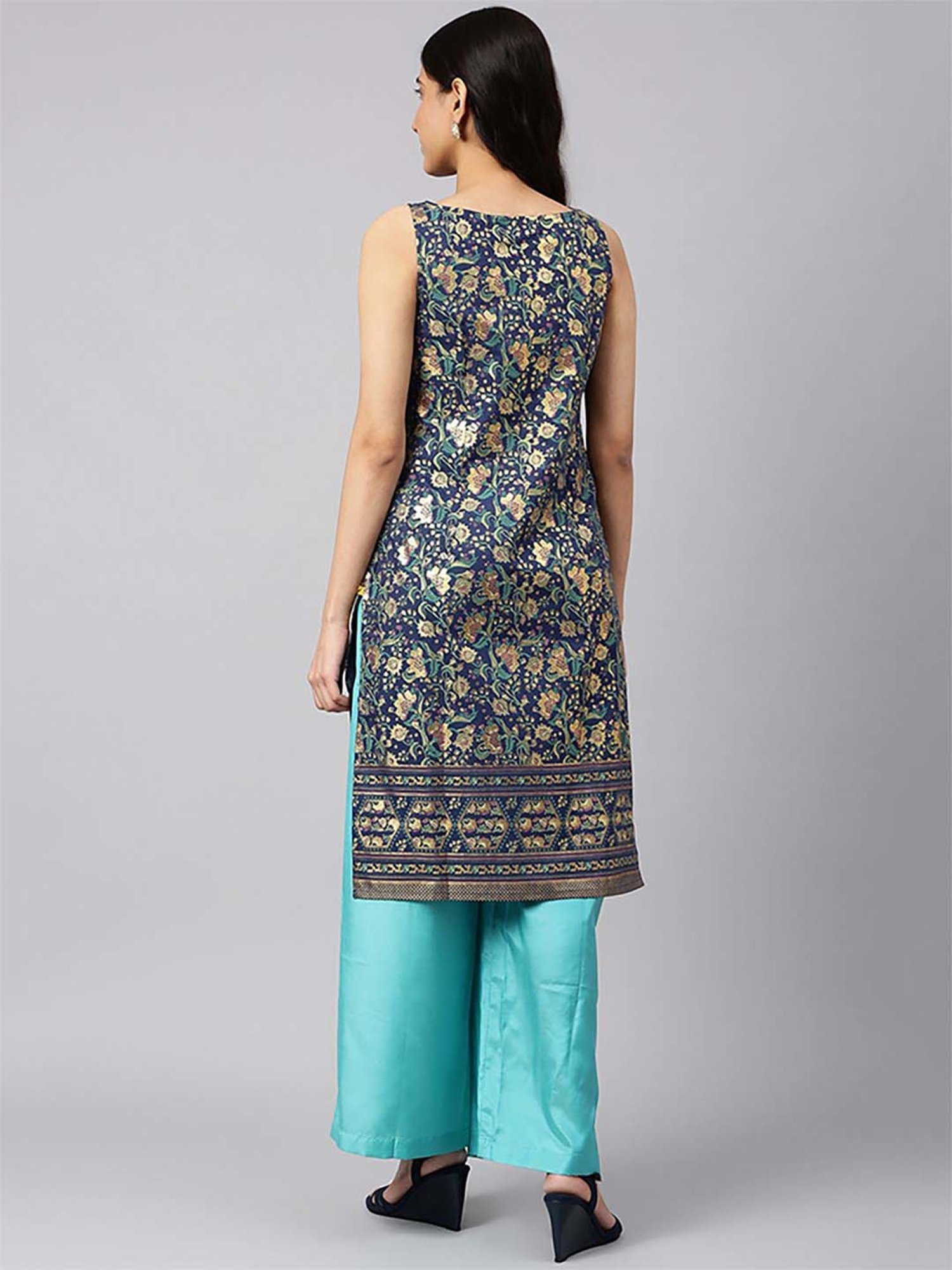 Aurelia Women Blue Floral Print Viscose Blend Kurta Set with Palazzos