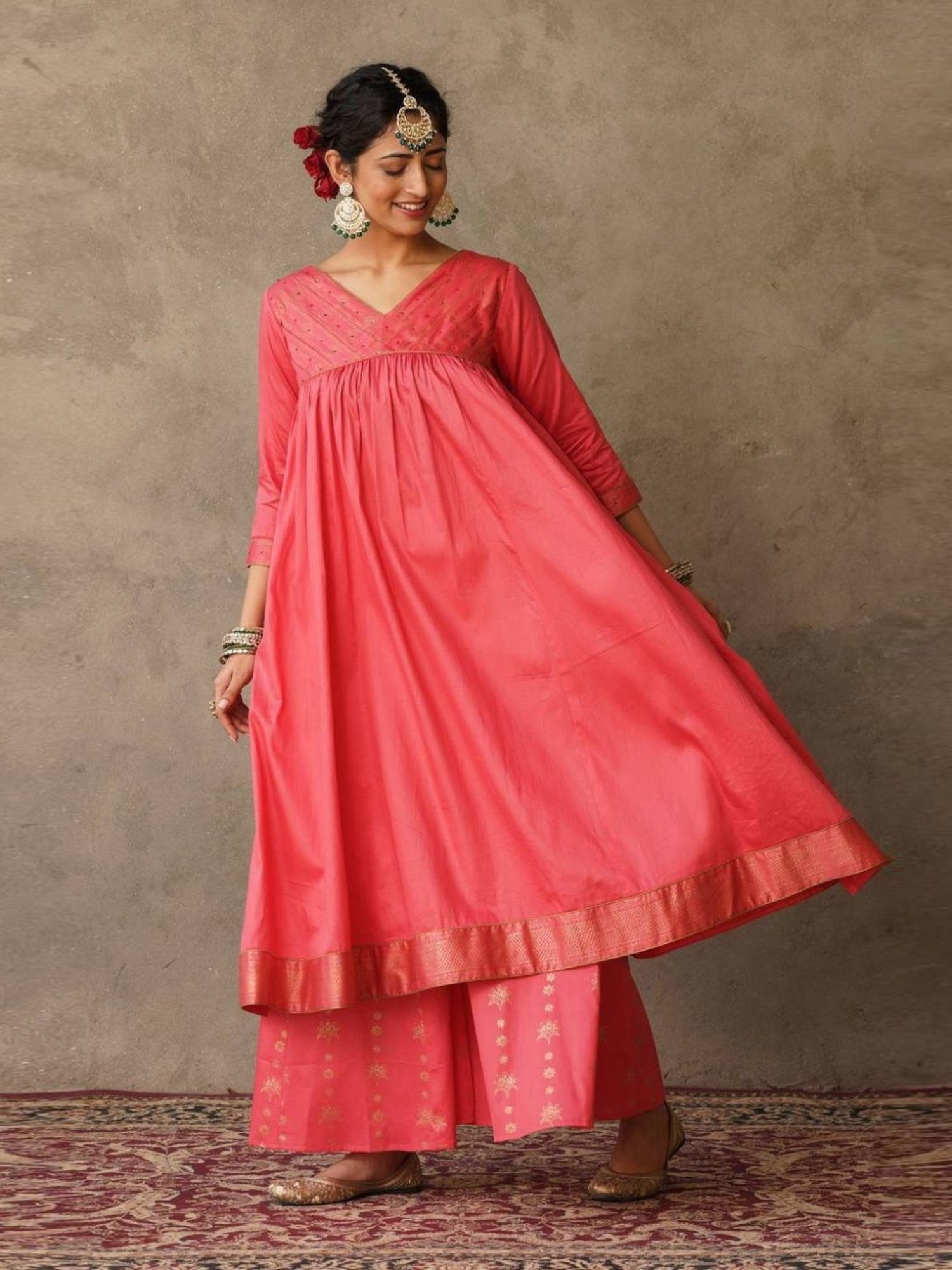 Akiso Coral Parv Block Printed Anarkali Kurta with Hand Embroidery Details On Yoke