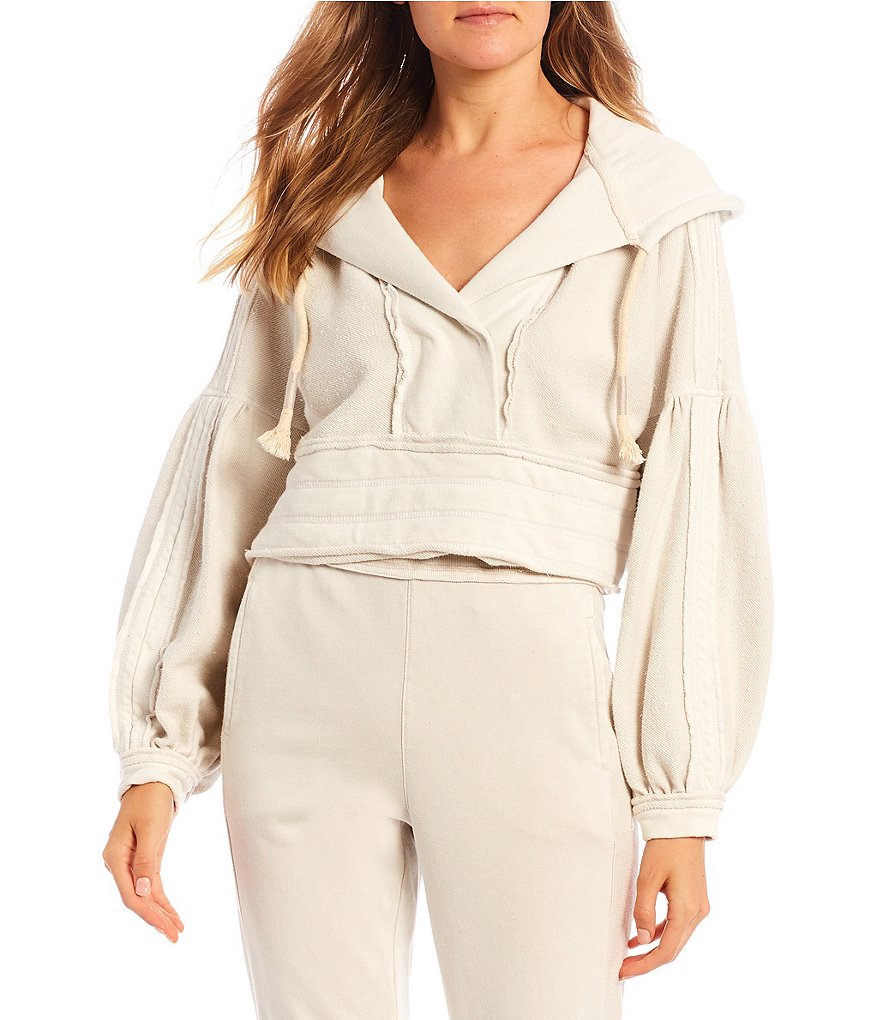 C&V Chelsea & Violet Mixed Media Balloon Sleeve Cropped Hoodie