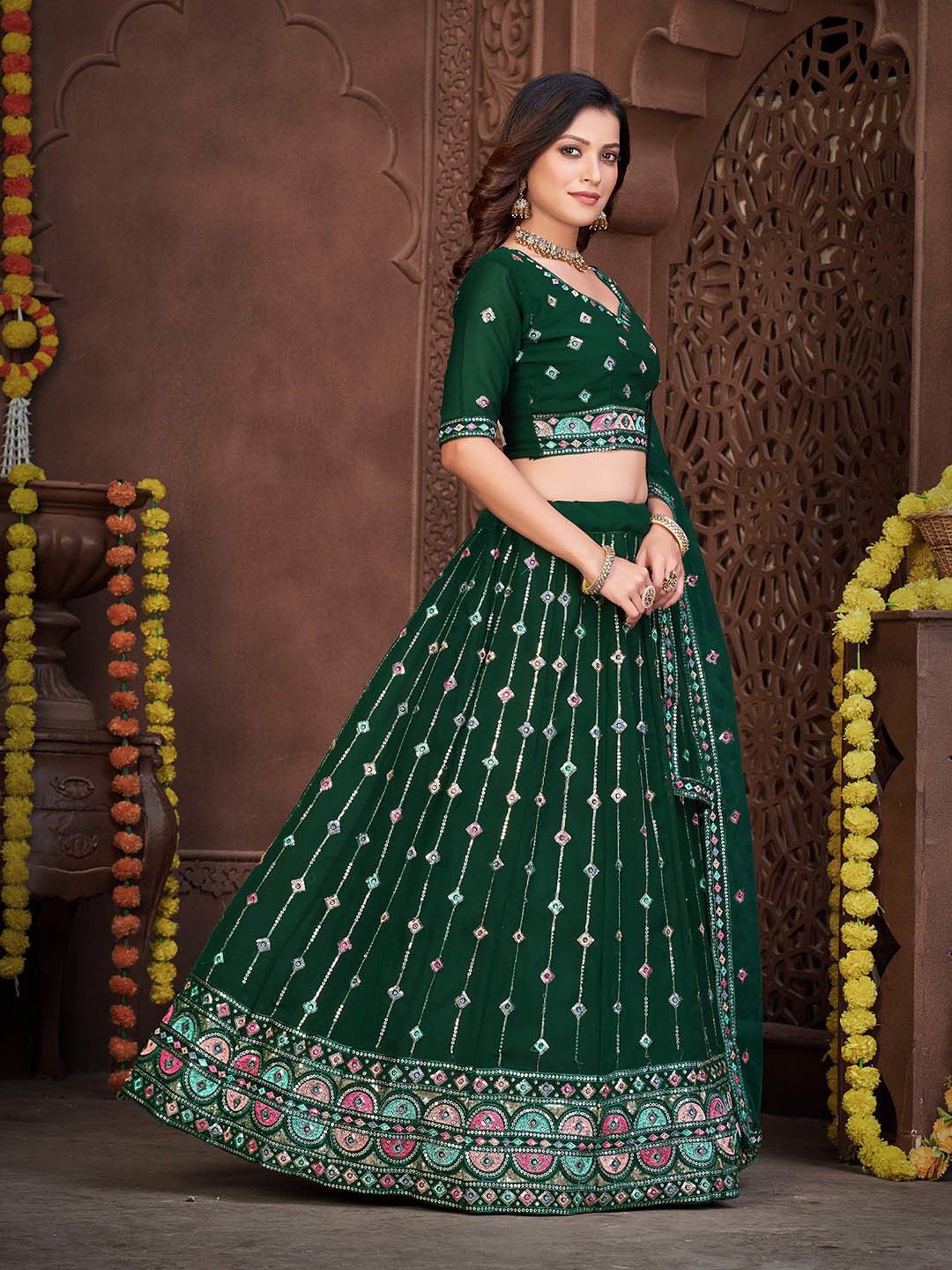 Warthy Ent Green Embroidered Lehenga Choli Set With Dupatta