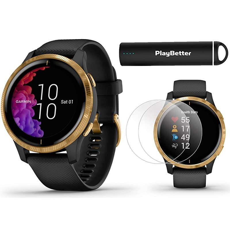 Garmin Venu (Black/Gold) Power Bundle | +HD Screen Protectors (x4) &  Portable Charger | AMOLED Display, Spotify | Fitness GPS Smartwatch