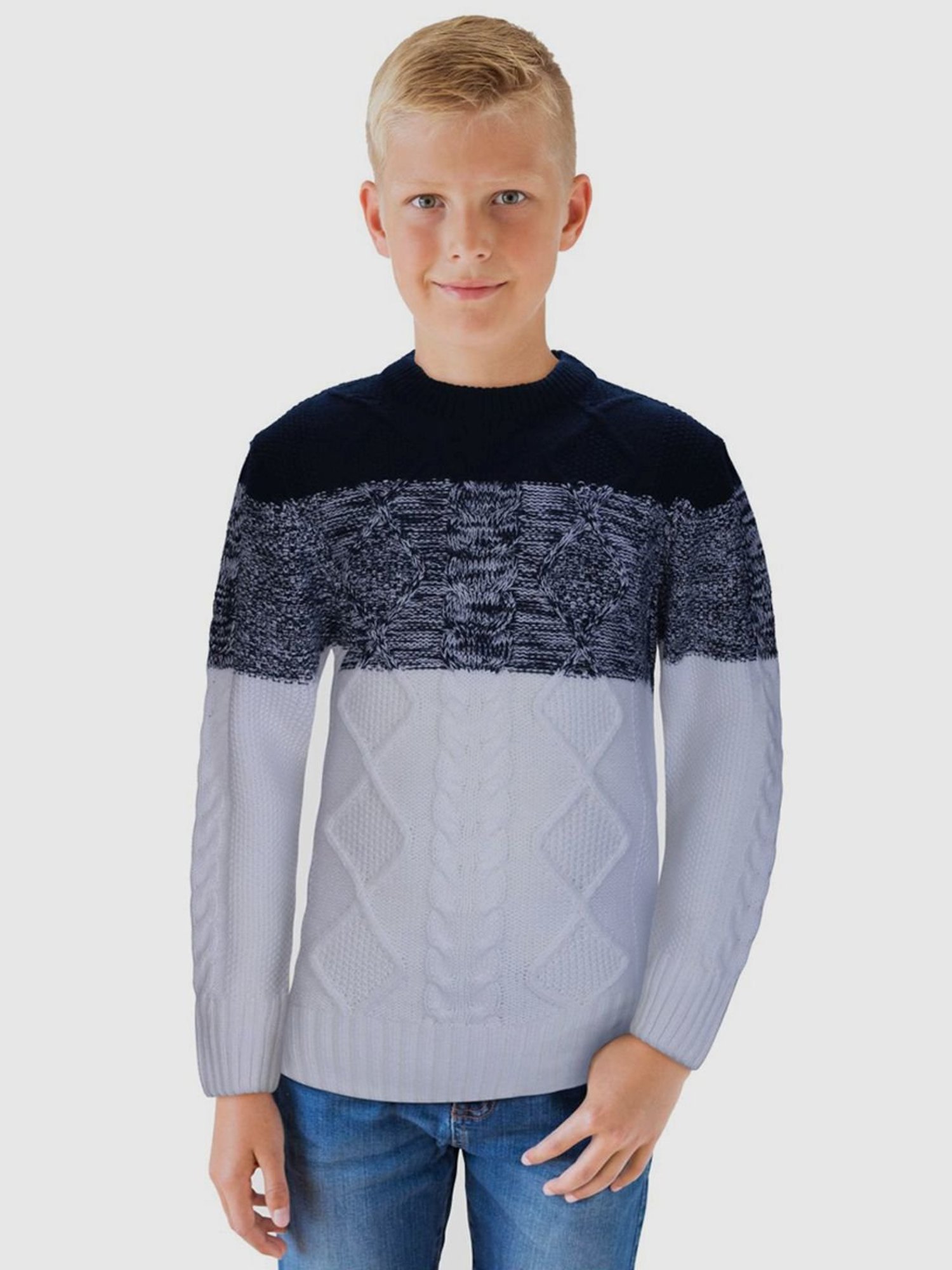 Gini & Jony Kids White & Black Cotton Color Block Full Sleeves Sweater