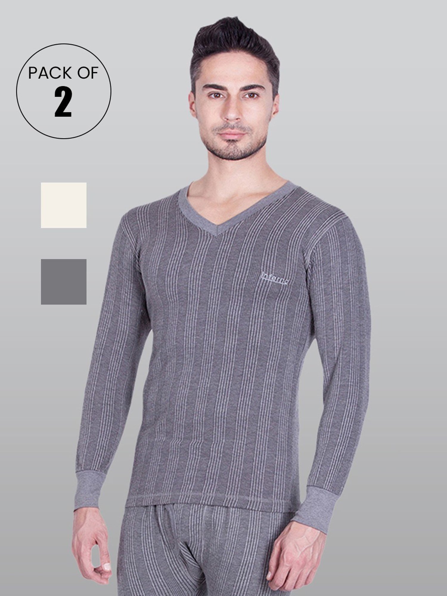 LUX Inferno Grey & White Skinny Fit Striped Thermal Top - Pack of 2