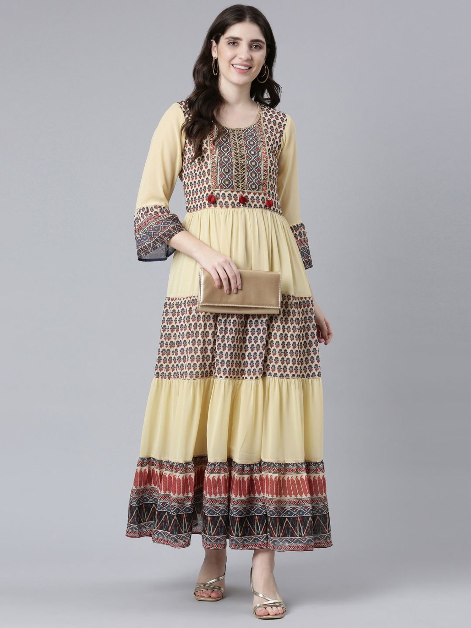 Neerus Beige Printed Princess Panel Dress