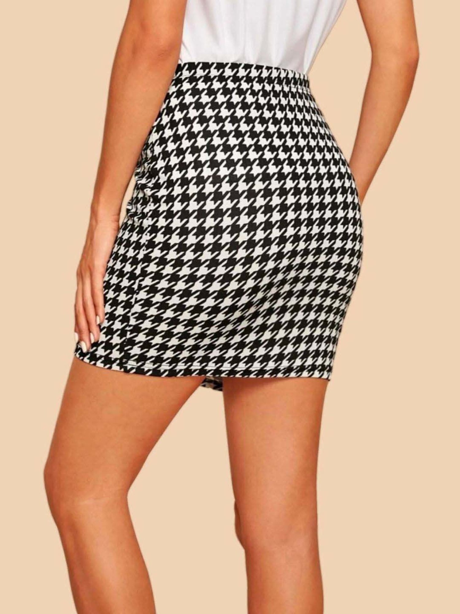 BUYNEWTREND Black & White Houndstooth Print Pencil Skirt