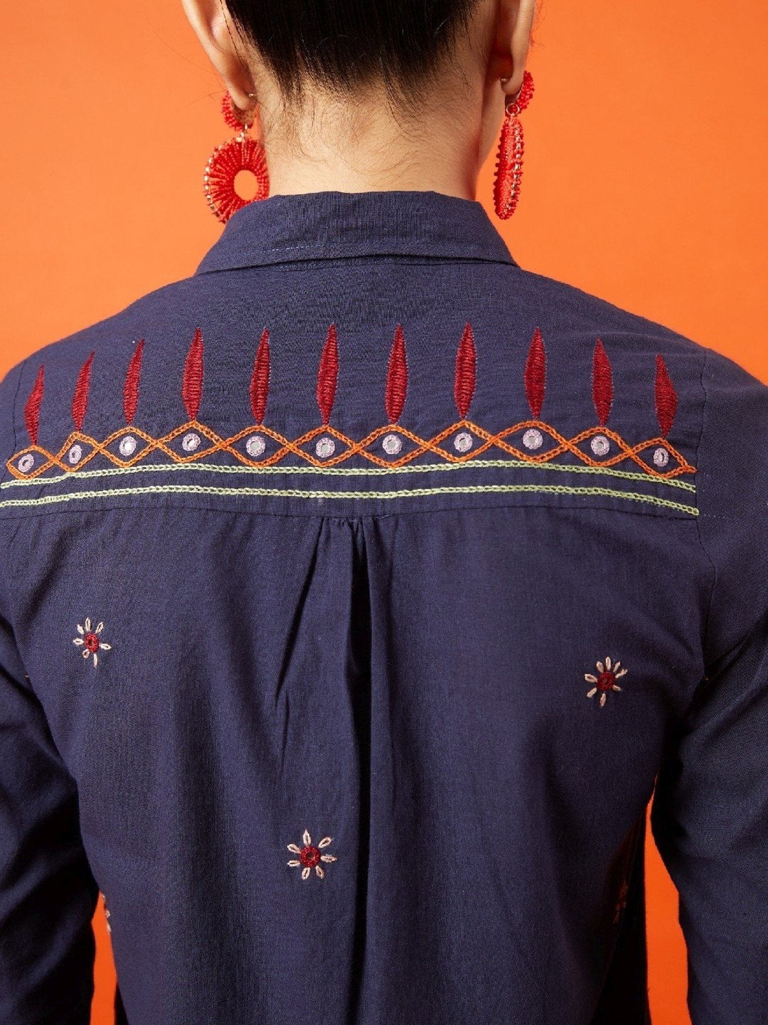 Okhai Noble Woman Navy Pure Cotton Kutch Hand Embroidered Shirt