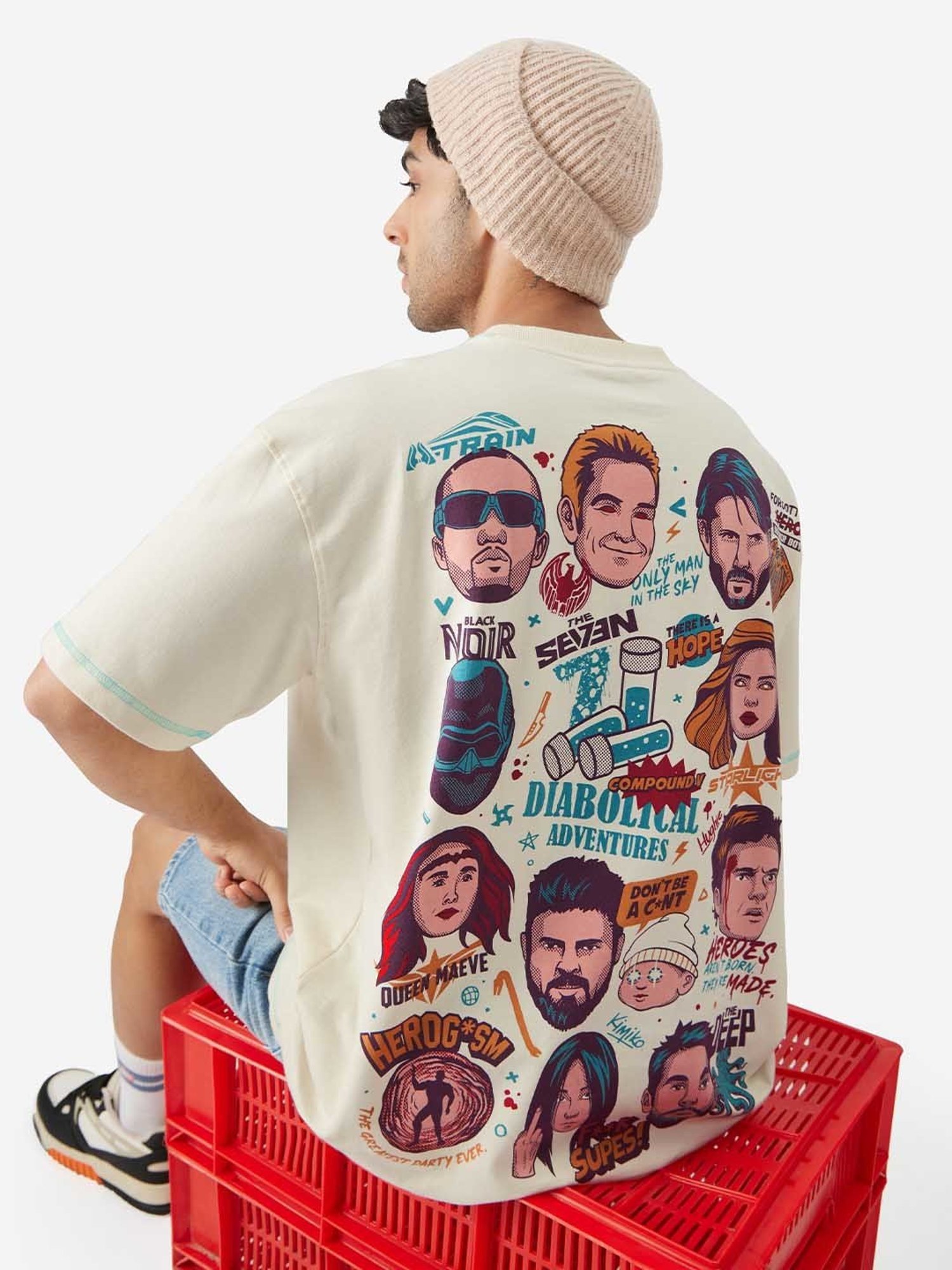 The Souled Store Off White The Boys: Doodle Oversized T-Shirt