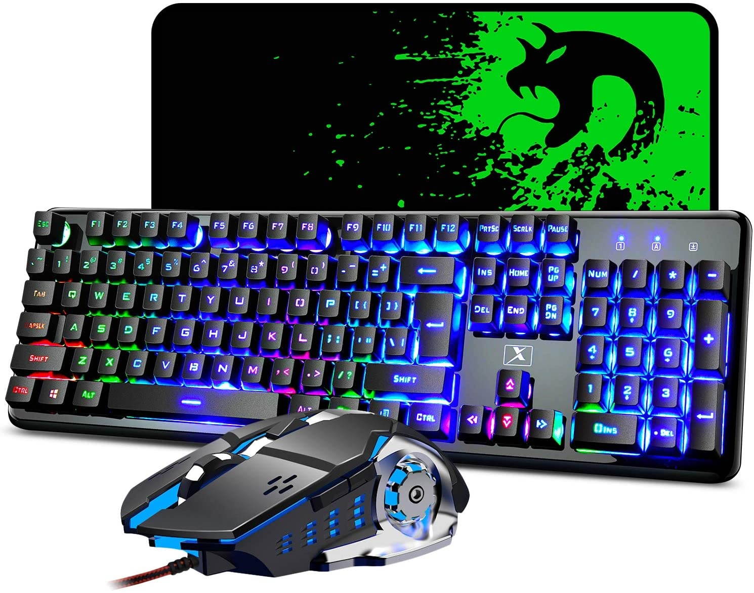 Mechanical Feeling Gaming Keyboard and Mouse Mousepad Combo,104 Keys Rainbow Backlit Gamer Keyboard and Mice Set,10 Color RGB Large Mice pad 2400DPI 7 Button La Souris for PC Laptop Mac (Black)