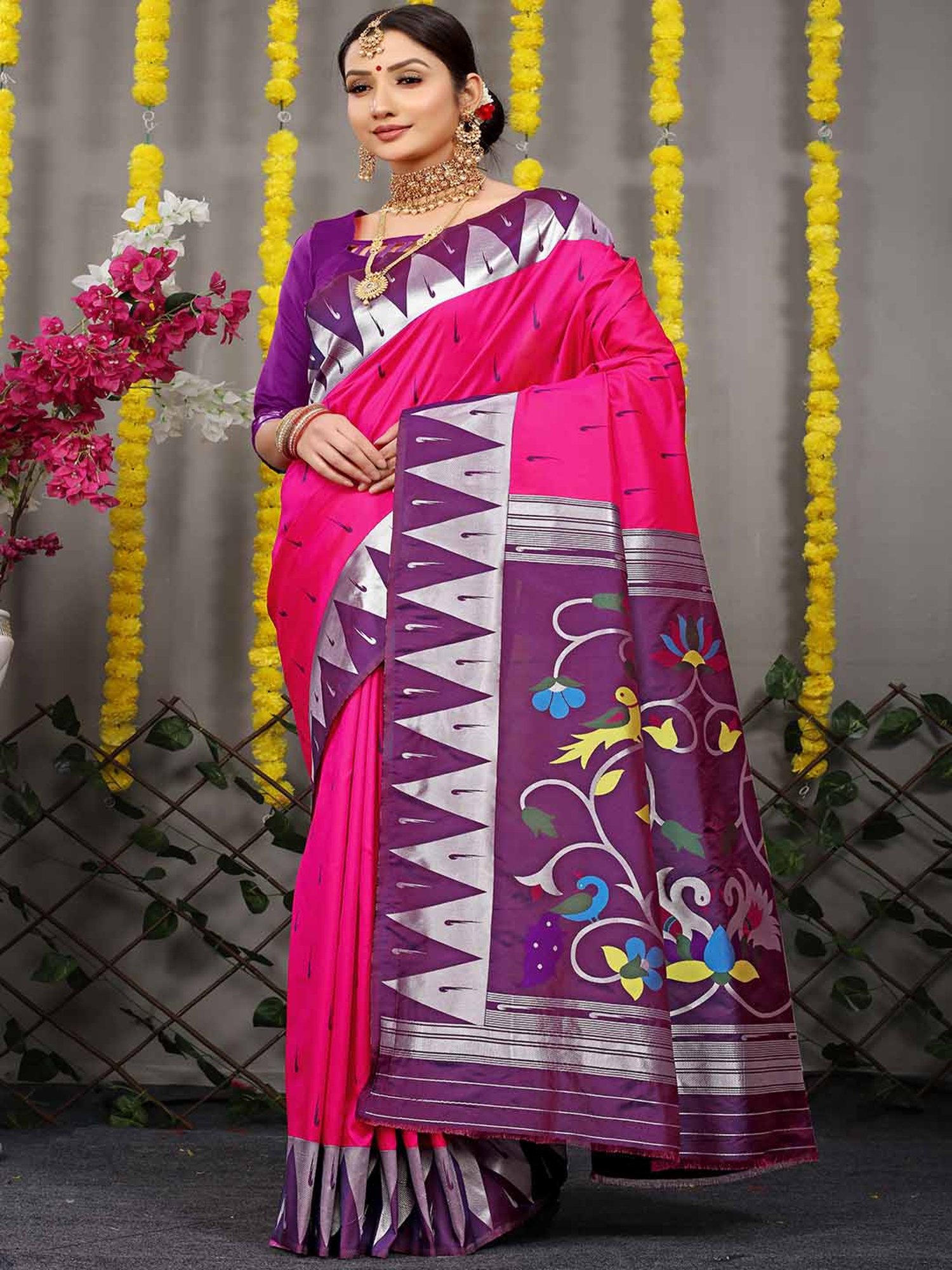 SHUBHKALA Pink & Purple Silk Woven Saree With Unstitched Blouse