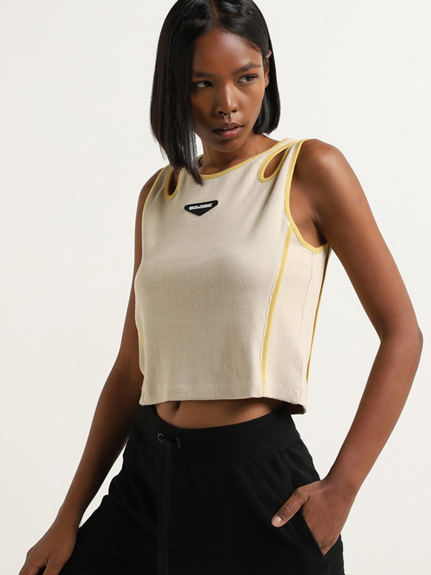 Studiofit by Westside Beige Ribbed T-Shirt