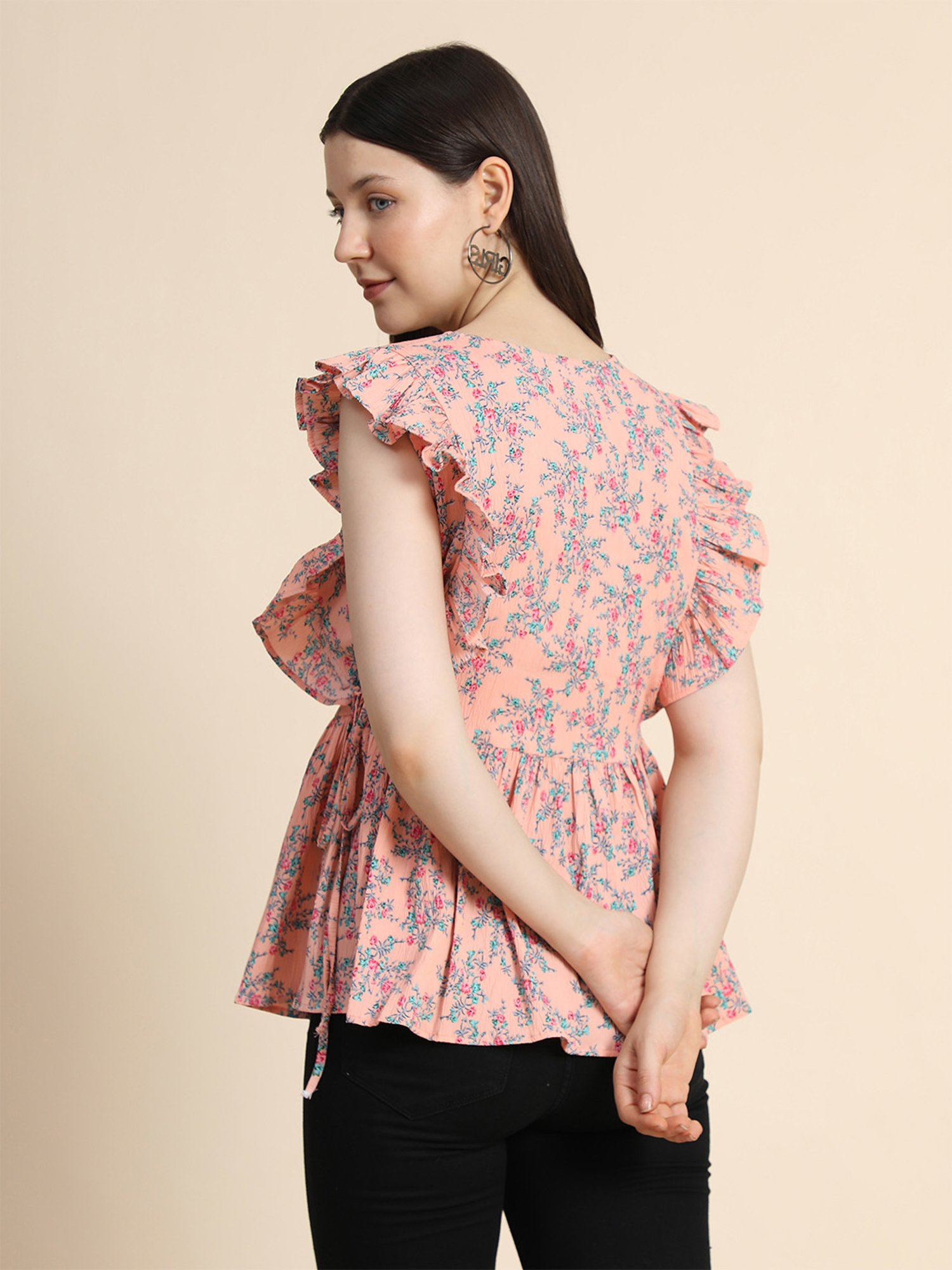 KERI PERRY Peach Cotton Floral Print Top