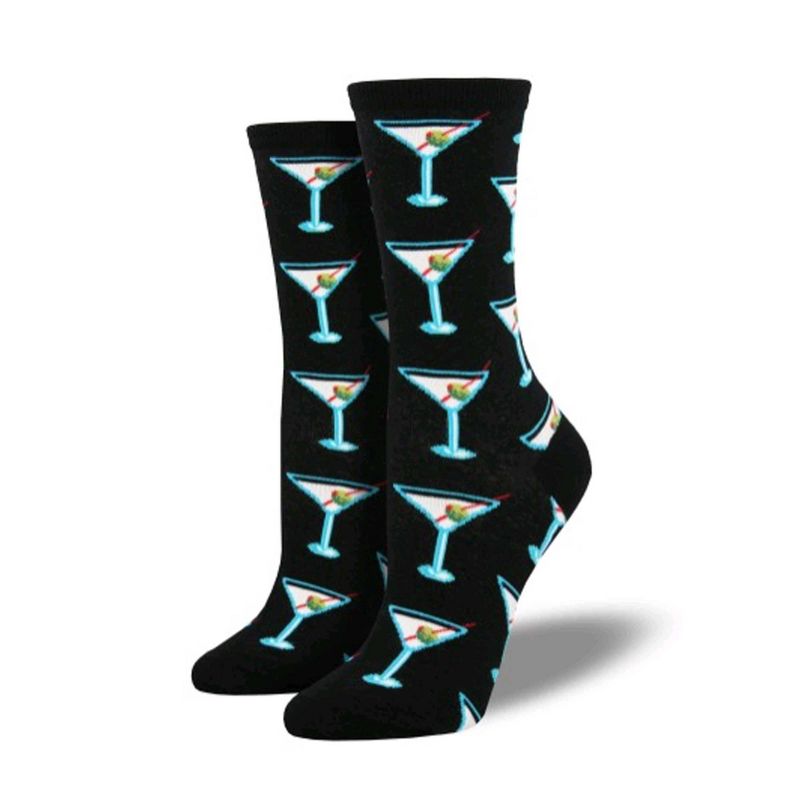 Novelty Socks 9.0" Drinks After Work Black Cotton Crew Martini Glass Olive Socksmith  -  Socks