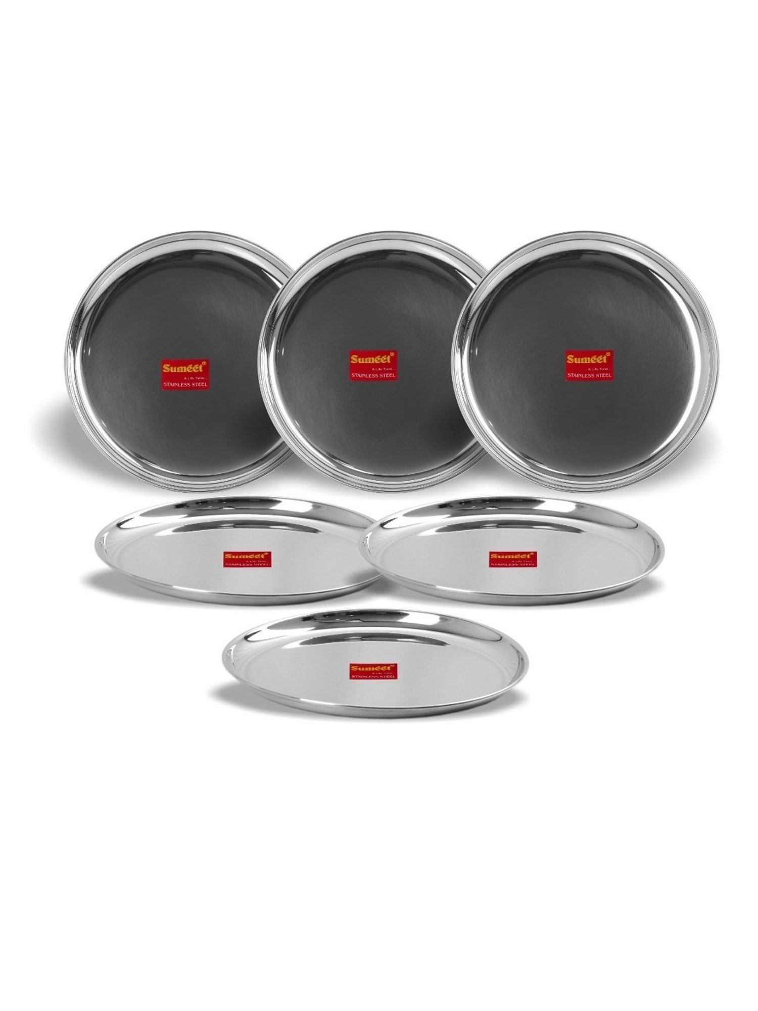 Sumeet Stainless Steel Heavy Gauge Shallow Dinner Plates with Mirror Finish 23.3cm Dia - Set of 6pc