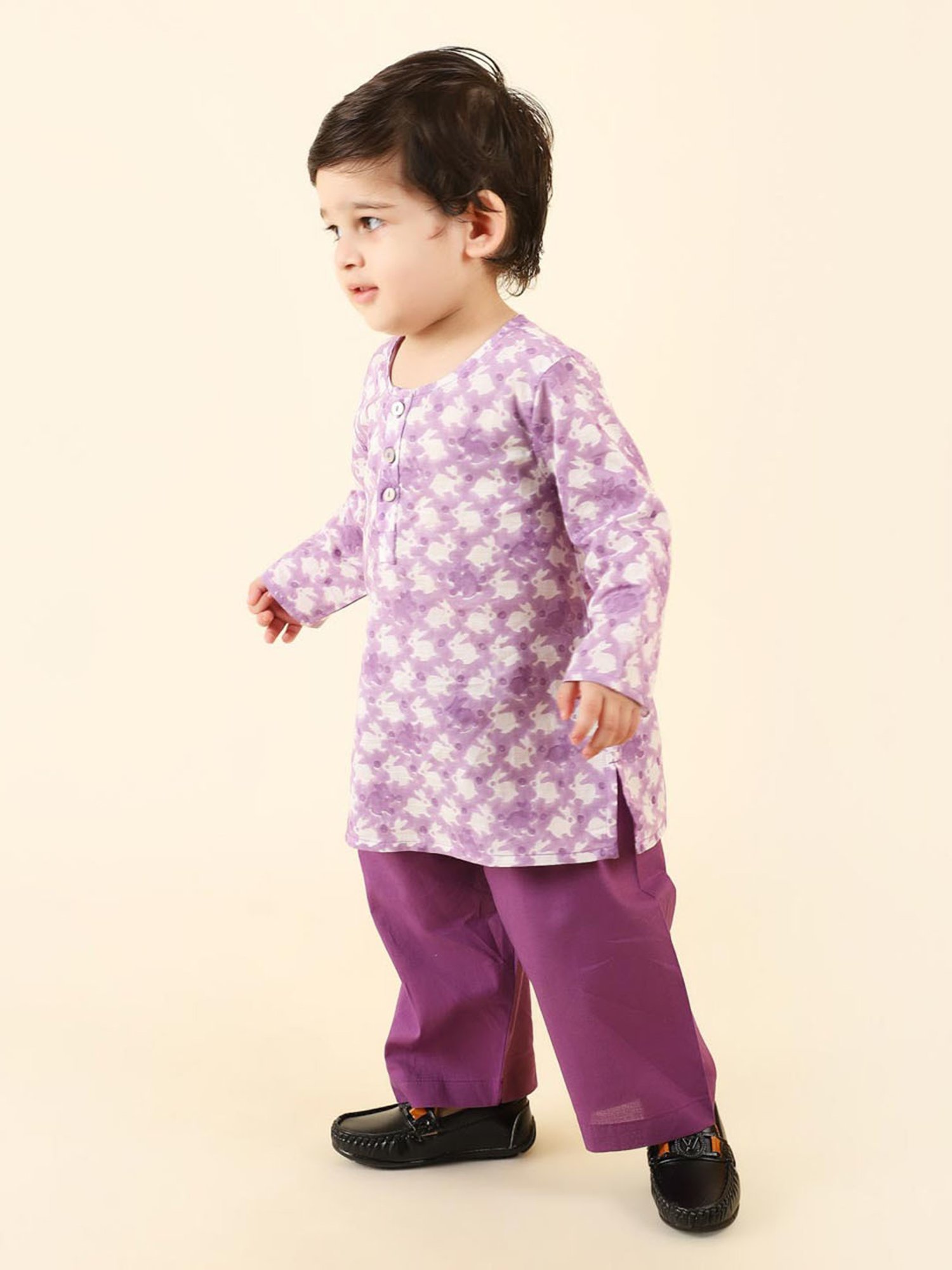 Fabindia Kids Purple & White Printed Full Sleeves Kurta with Pyjamas