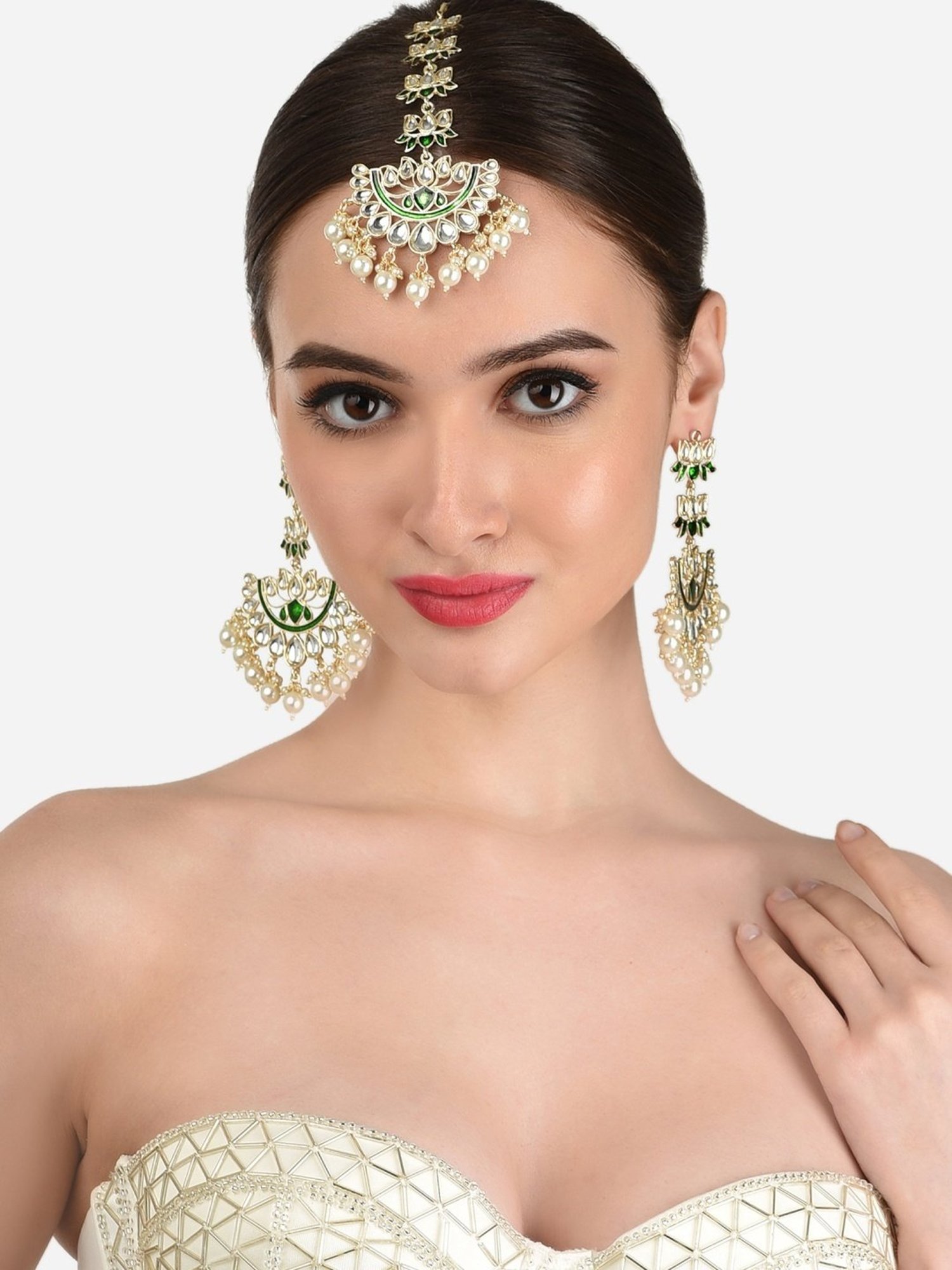 Zaveri Pearls Green Meenakari Lotus Design Kundan Earring & Maangtikka Set