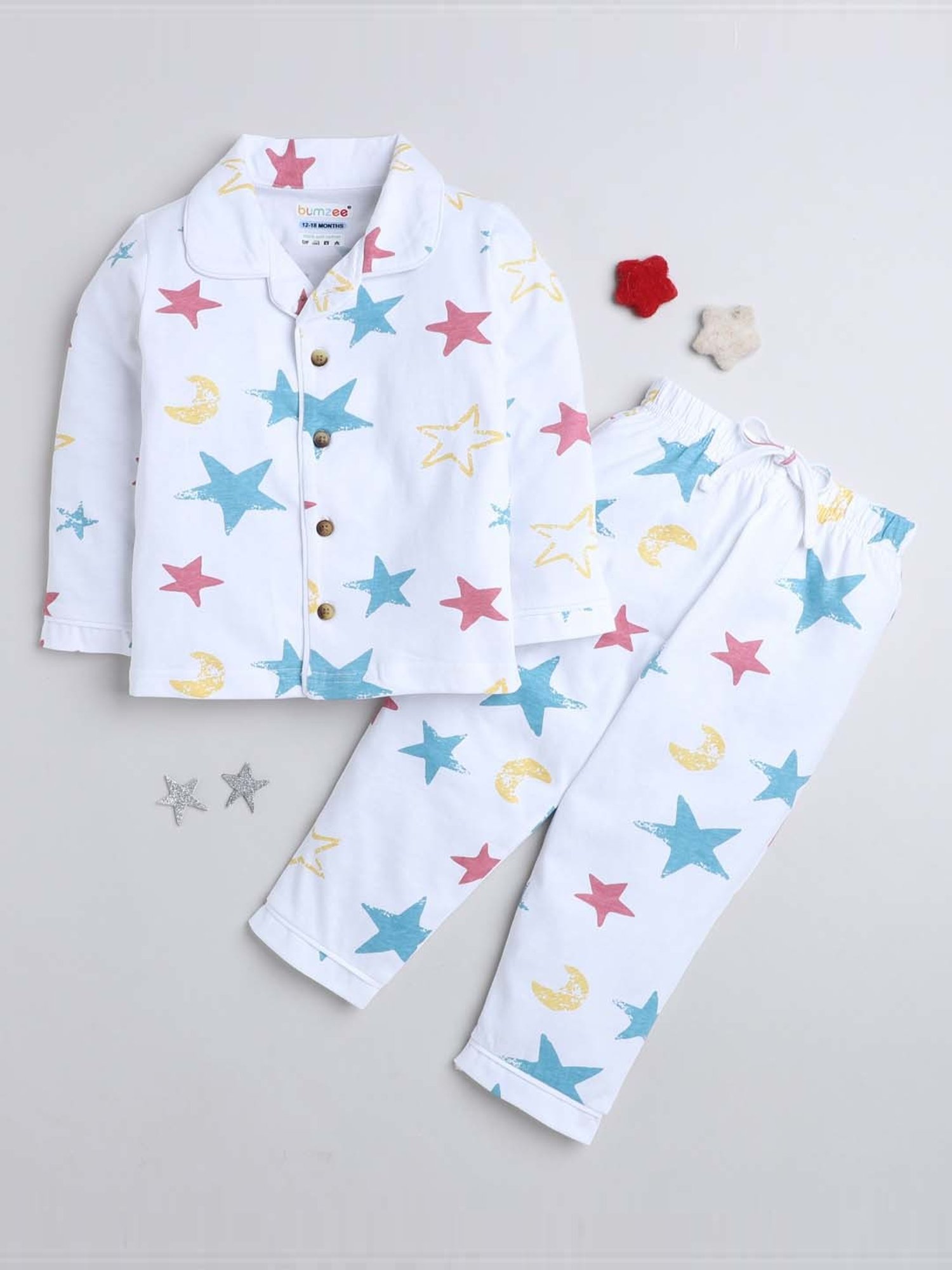 Bumzee Boys White & Blue Cotton Printed Full Sleeves Shirt Set