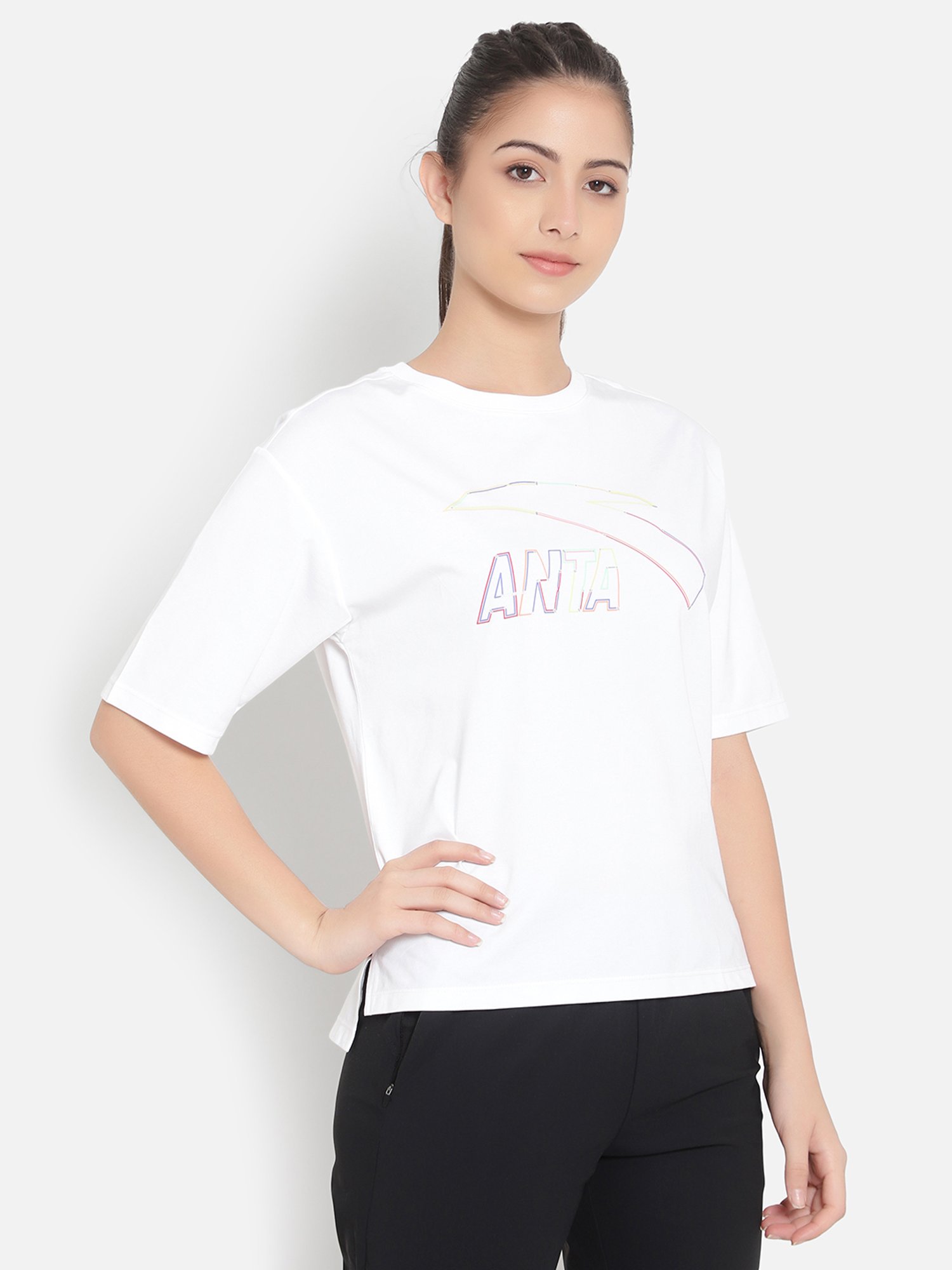 Anta White Cotton Printed Sports T-Shirt
