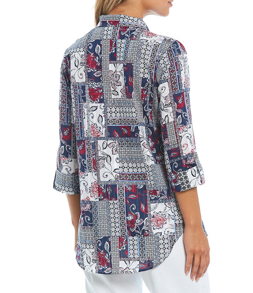 Ali Miles Petite Size Long Roll-Tab Sleeve Round V-Neck Pucker Knit Asymmetrical Tunic