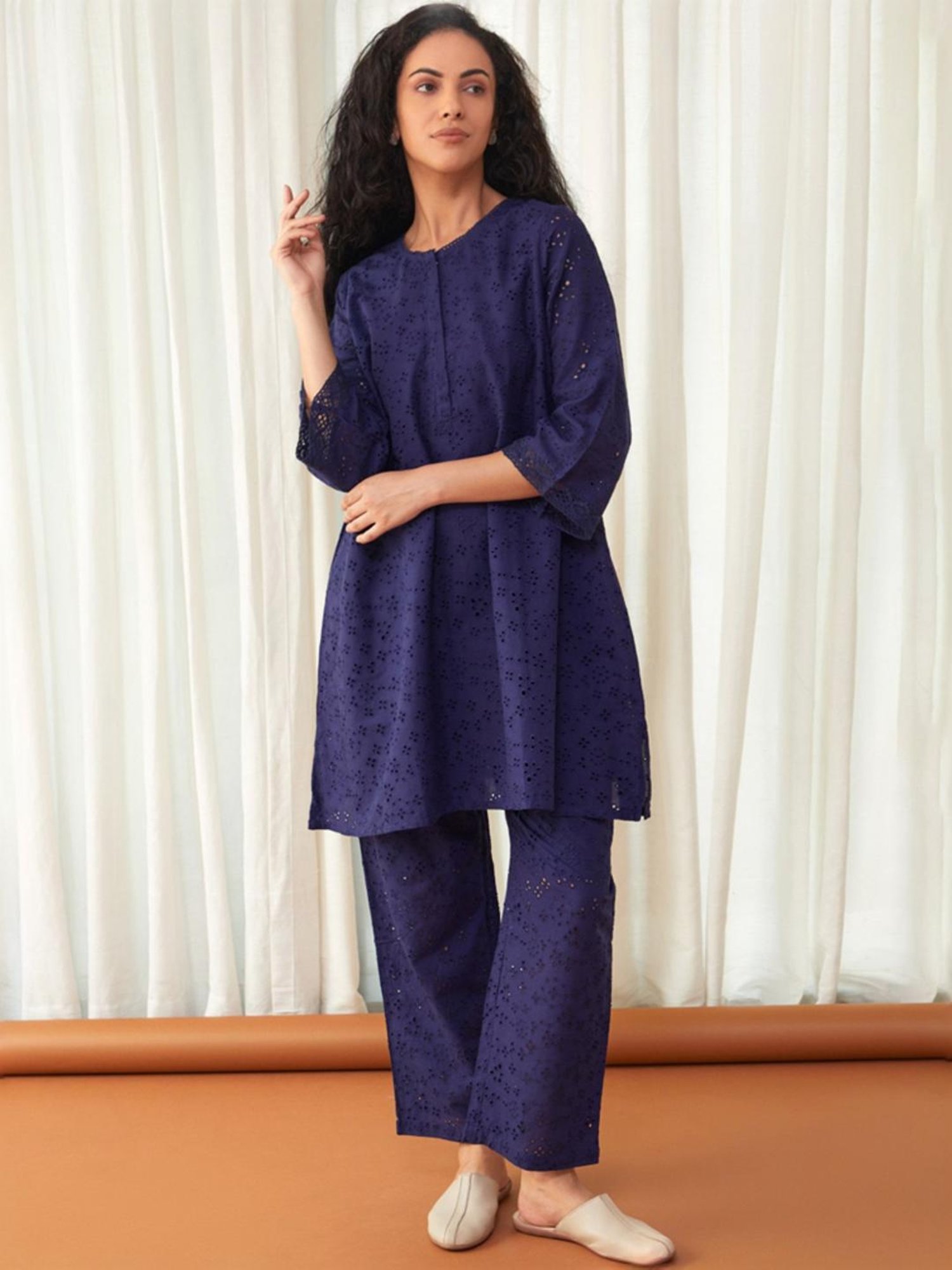 Bombay Bloom Midnight Blue Flared Cutwork Cotton Tunic with Pant Co-ord Set