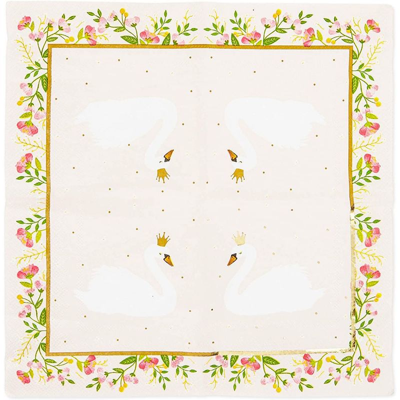 Sparkle and Bash 50-Pack Princess Swan Cocktail Disposable Napkins, Pink Floral Paper Beverage Napkin, 5"