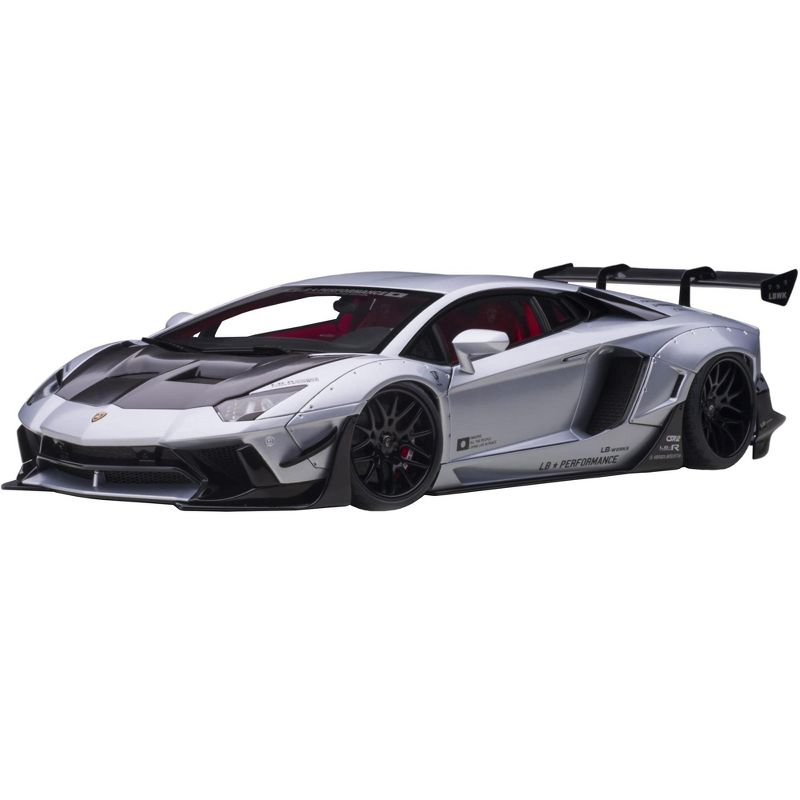 Lamborghini Aventador Liberty Walk LB-Works Matt Silver with Black Hood & Red Interior Limited Edition 1/18 Model Car by Autoart
