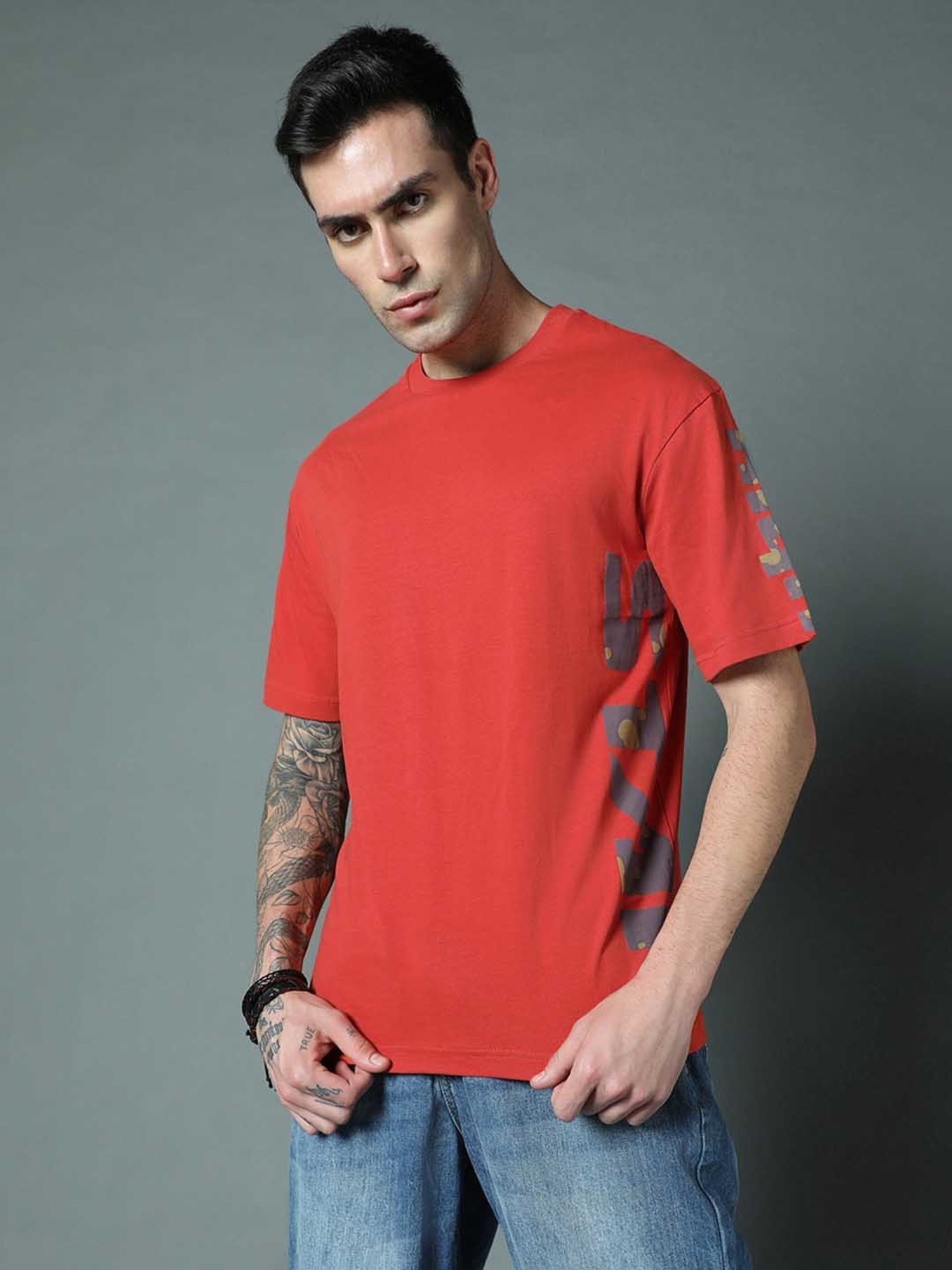 High Star Dark Orange Relaxed Fit Printed Crew T-Shirt
