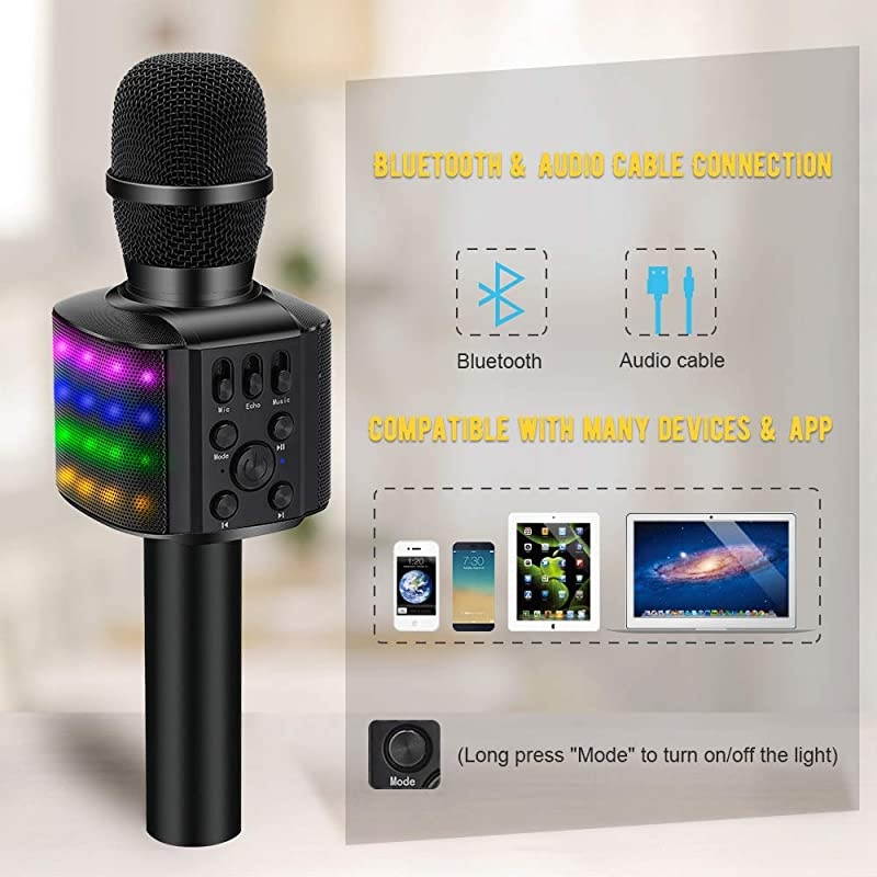 Wireless Bluetooth Karaoke Microphone with controllable LED Lights, 4 in 1 Portable Karaoke Machine Mic Speaker Birthday Home Party for All Smartphones PC(Q36 Black)
