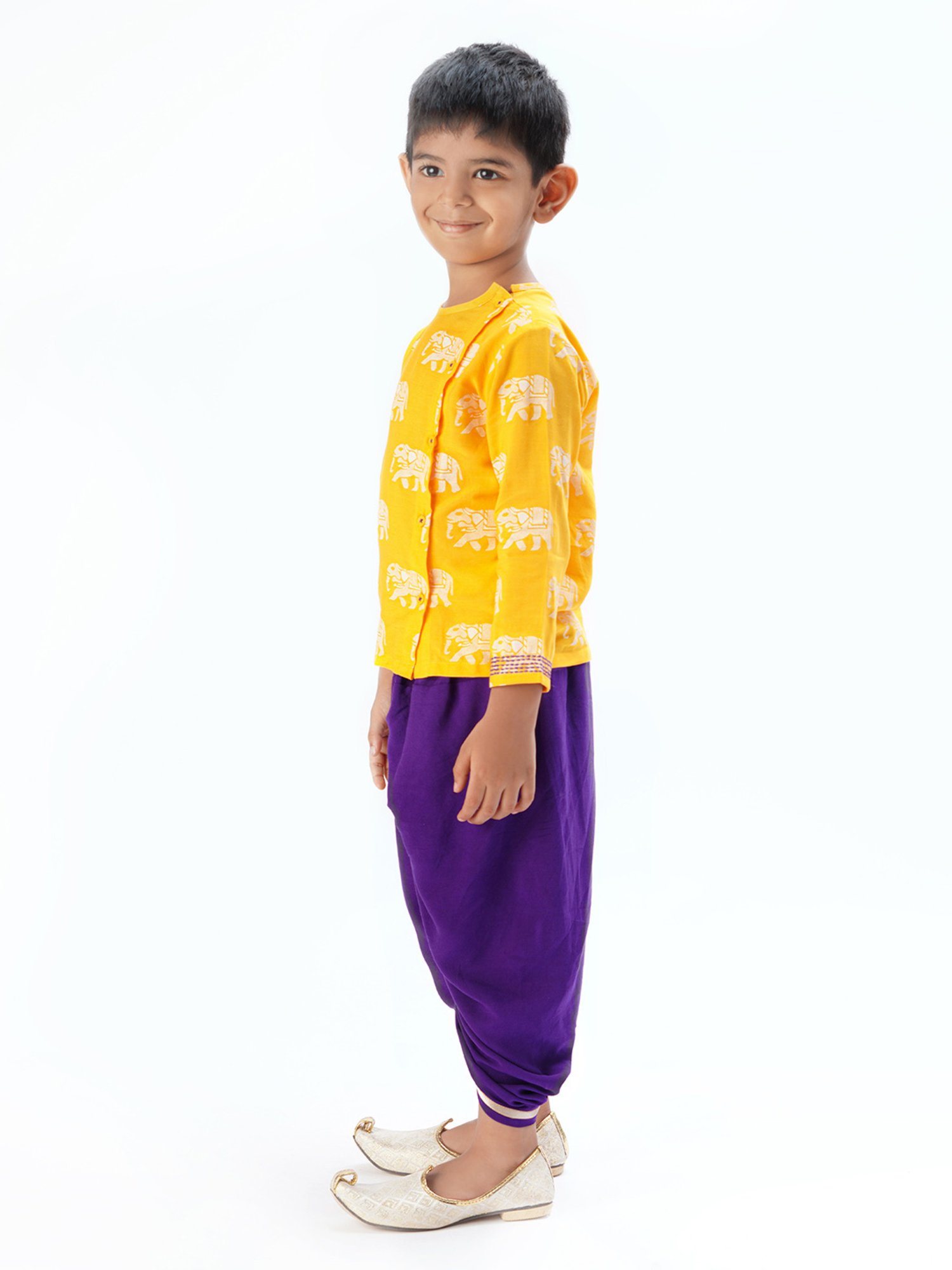 Lil Drama Kids Yellow & Purple Printed Full Sleeves Kurta with Dhoti