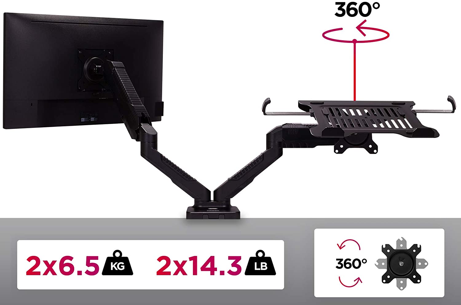 Duronic DMDCL1X1 Monitor Arm Stand | Dual Twin PC Desk Mount | Height Adjustable | For 15-27 Inch LED LCD Screen and Laptop | VESA 75/100 | 8kg Capacity | Tilt +90&deg;/-45&deg;, Swivel 180&deg;, Rotate 360&deg;