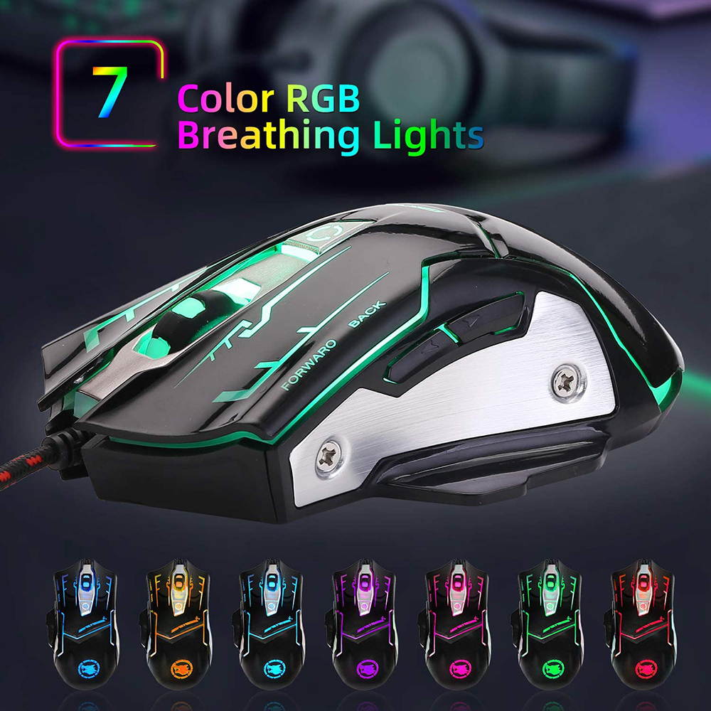 USB Computer Mouse Wired, Light Up Mouse for Laptop with RGB 7 Colors Breathing Light,4 DPI Adjustable up to 3200, 6 Buttons, Ergonomic Gamer PC Mouse for Windows/Mac/Sega Dreamcast