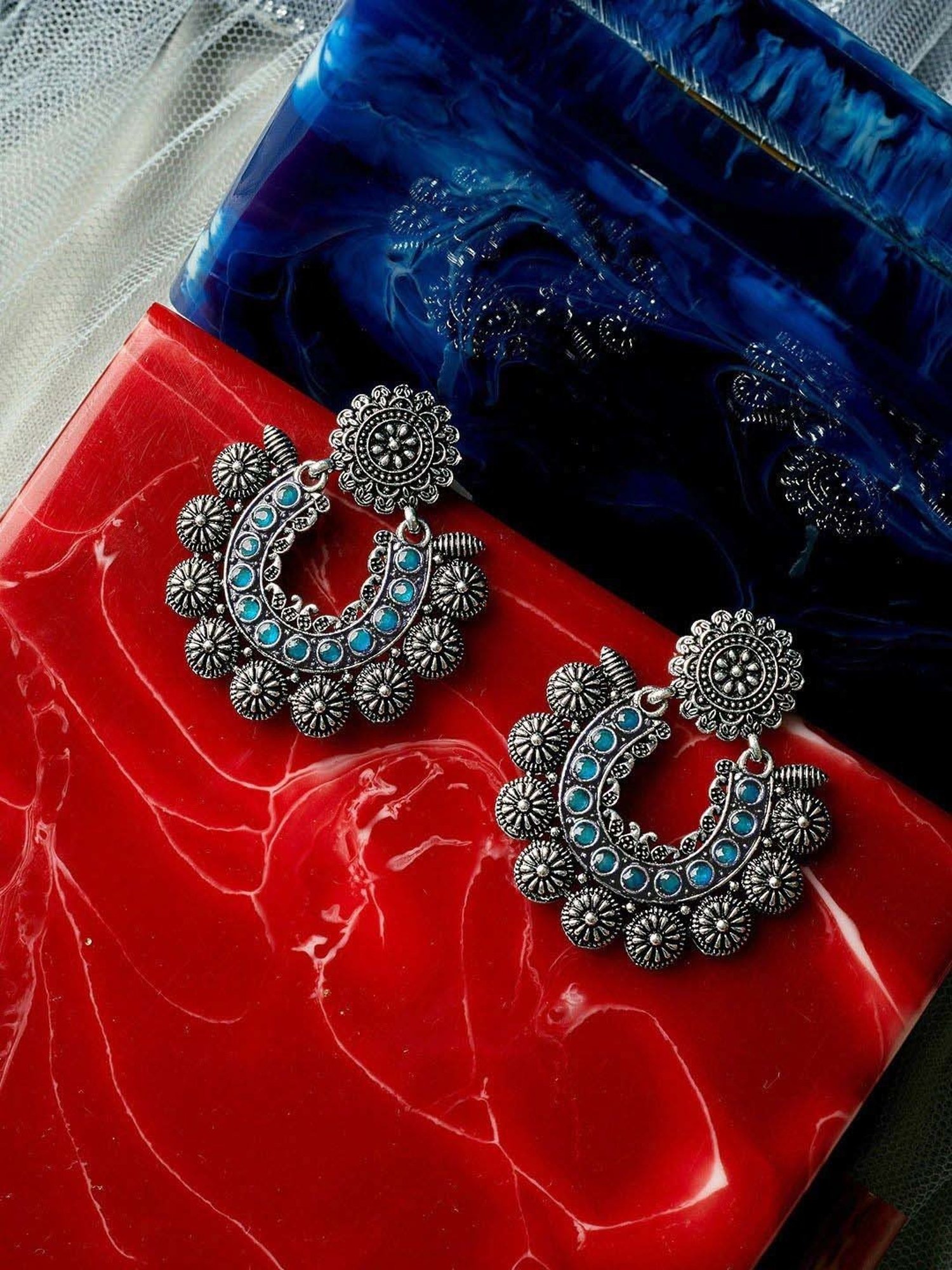 Panash Silver-Plated and Turquoise Oxidised Chand Bali Earrings