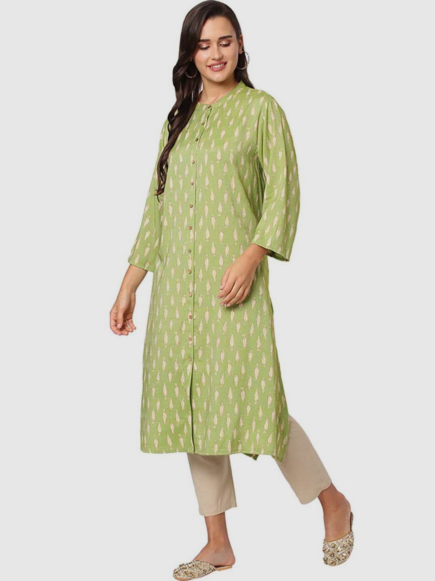 Fusion Beats Green Printed Straight Kurta
