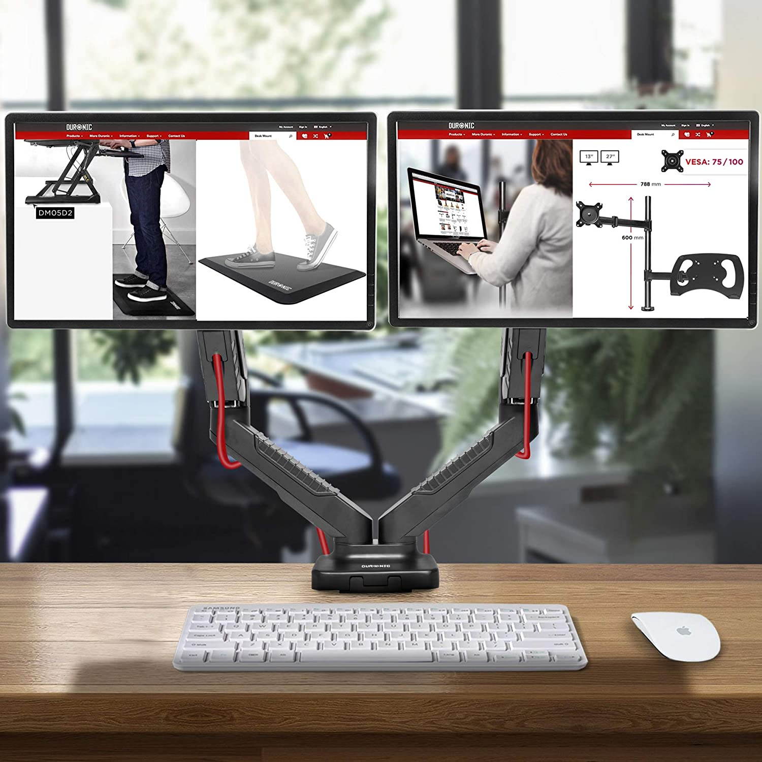 Duronic DMDC52 DualGas Desk Mount Arm Monitor Stand Bracket Powered Full Motion | LCD LED VESA Monitors | Desk Bracket with Tilt and Swivel (Tilt +90&deg;/-45&deg;|Swivel 180&deg;|Rotate 360&deg;)