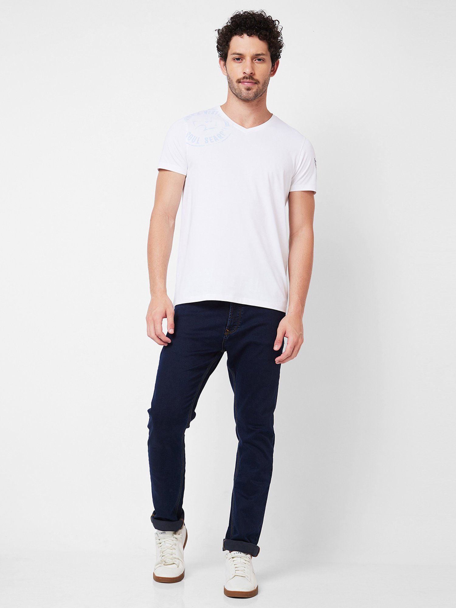Spykar White Slim Fit Printed V-Neck T-Shirt