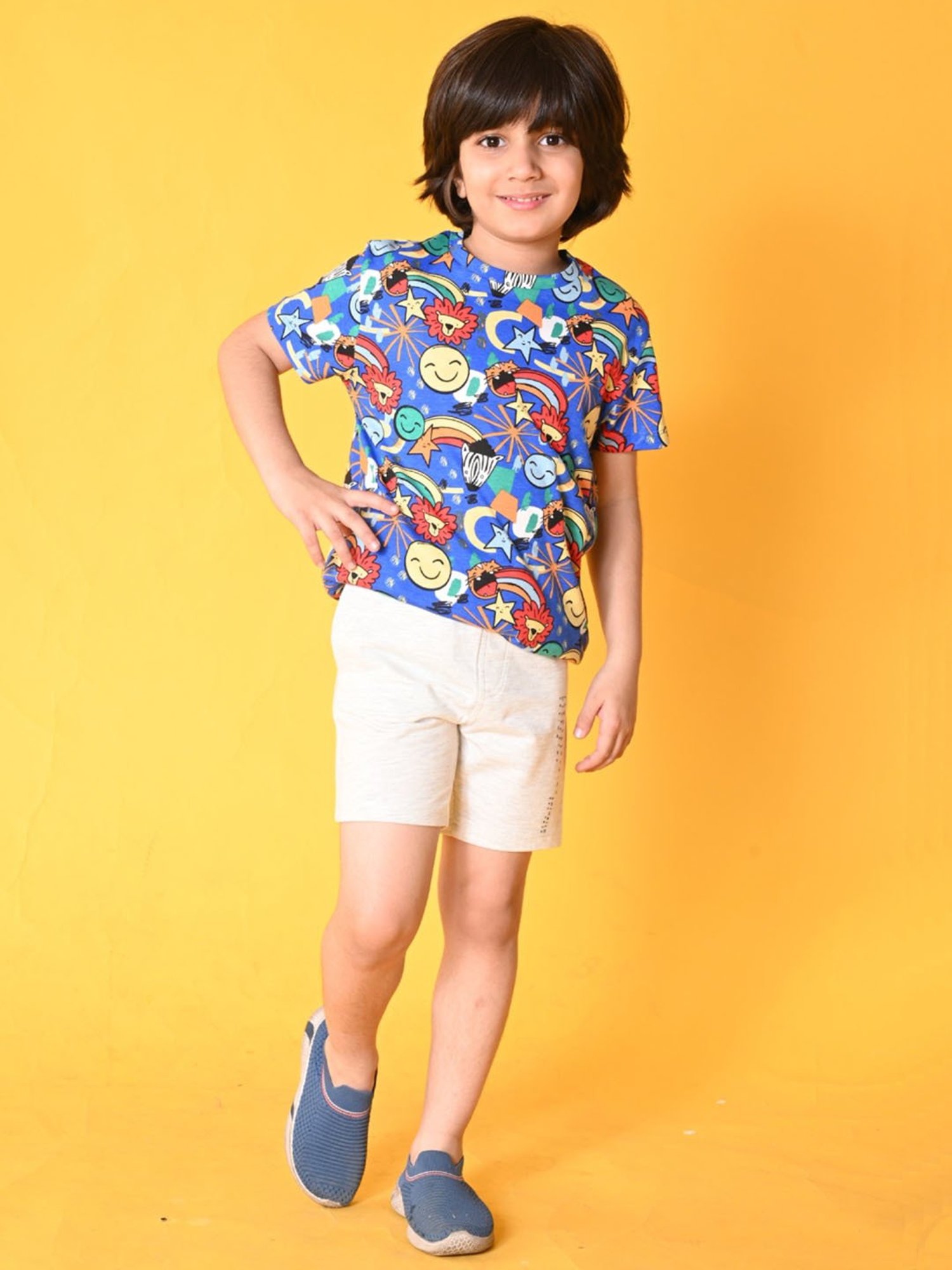 Anthrilo Kids Blue & White Cotton Printed T-Shirt Set