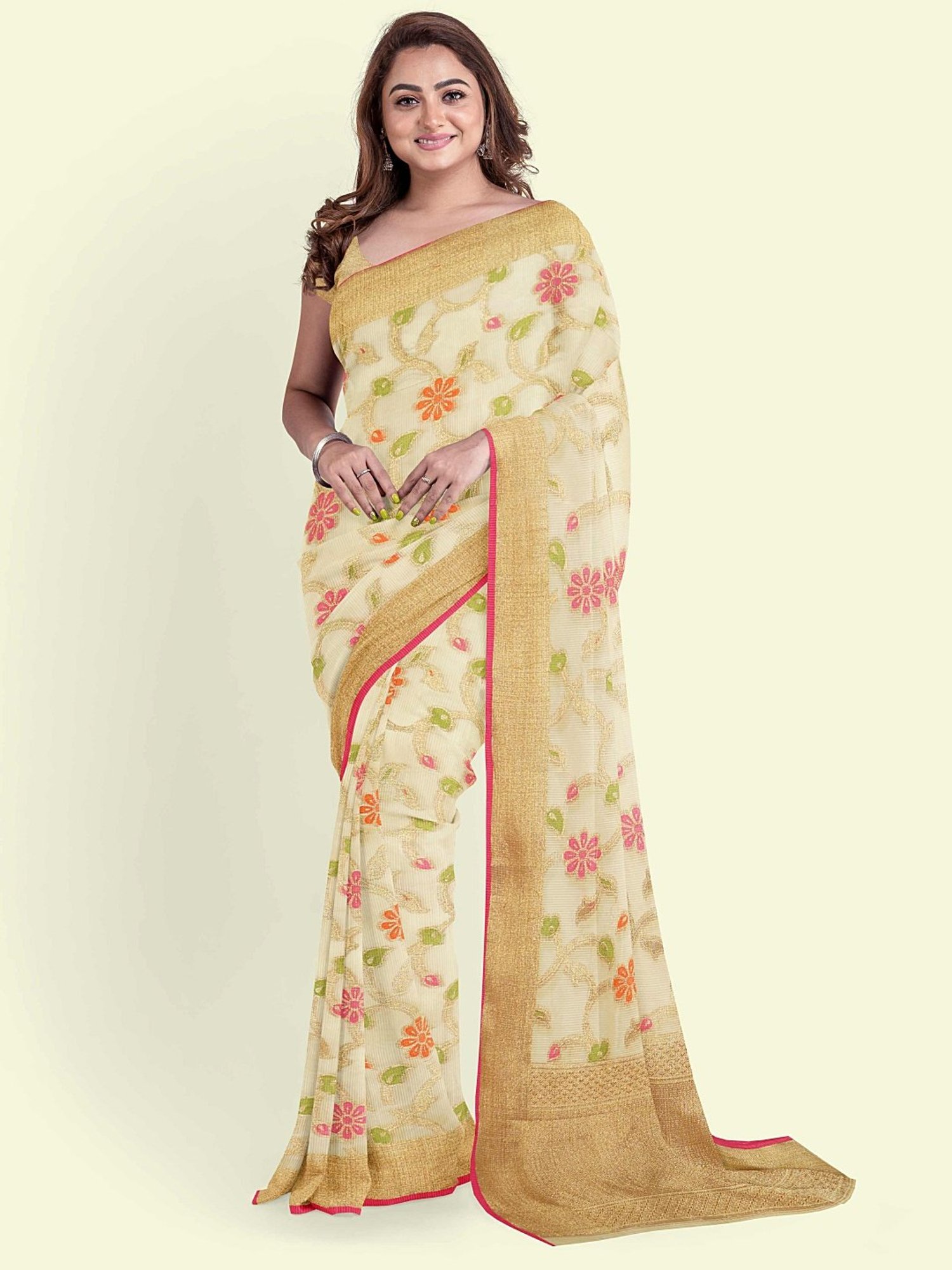 Banarasi Silk Works Beige Cotton Woven Saree With Unstitched Blouse