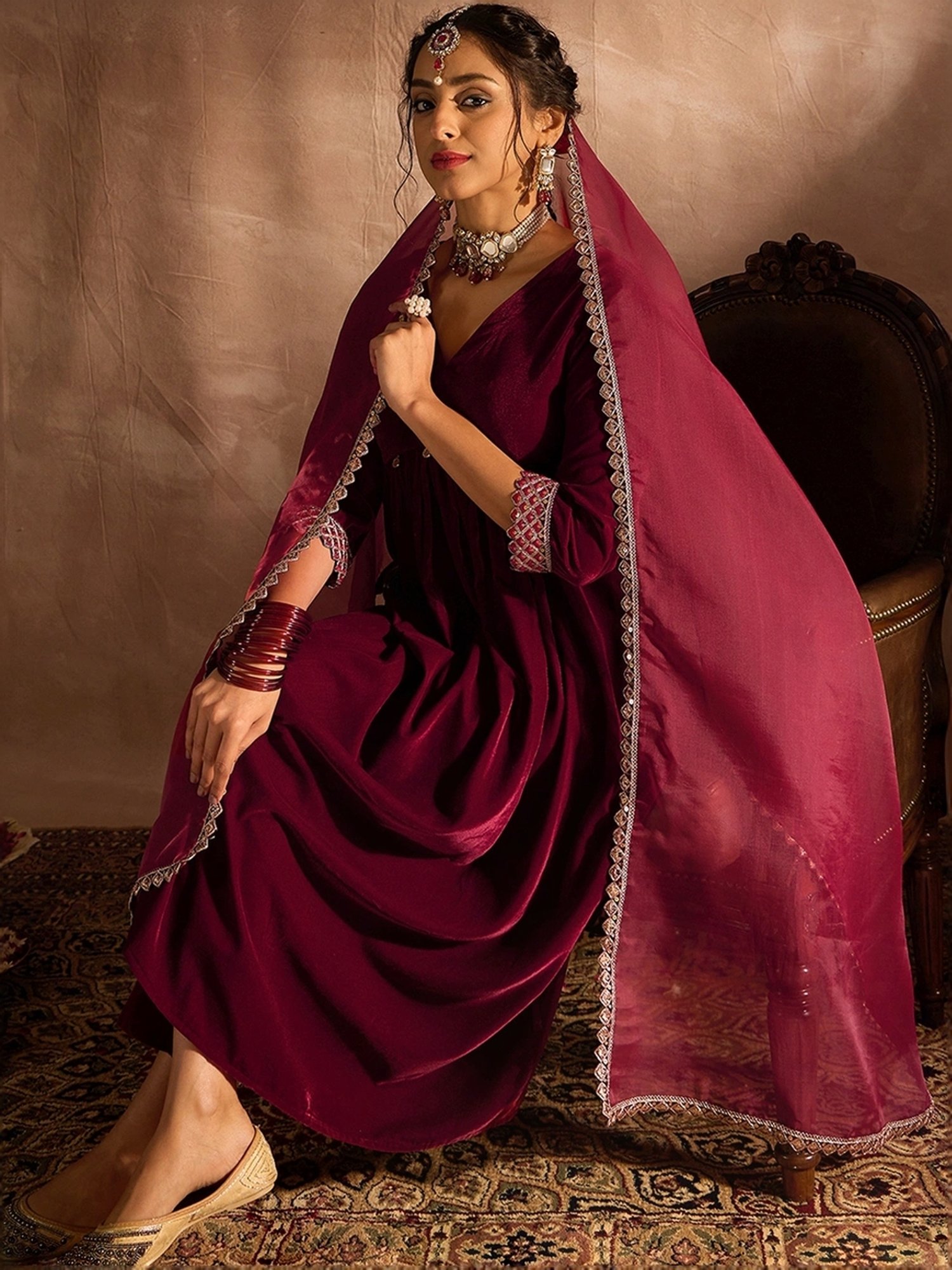 Indo Era Maroon Embellished Kurta Pant Set With Dupatta