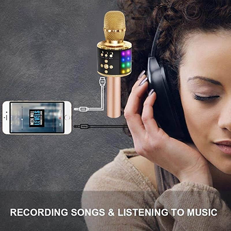 Wireless Bluetooth Karaoke Microphone with Multicolor LED Lights 4 in 1 Portable Handheld Home Party Karaoke Speaker Machine for AndroidiPhoneiPadSonyPCGolden