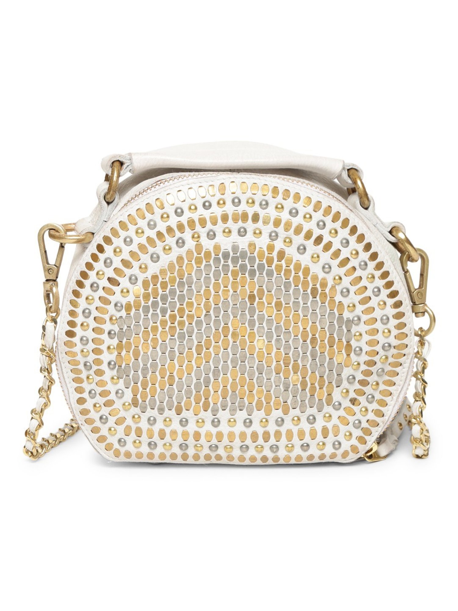Art N Vintage Chic Riveted Elegance White Leather Embellished Small Handbag