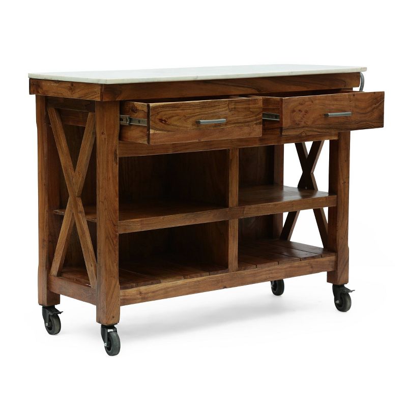 Depolo Rustic Glam Handcrafted Marble Top Acacia Wood Kitchen Cart with Wheels Natural/Natural White - Christopher Knight Home