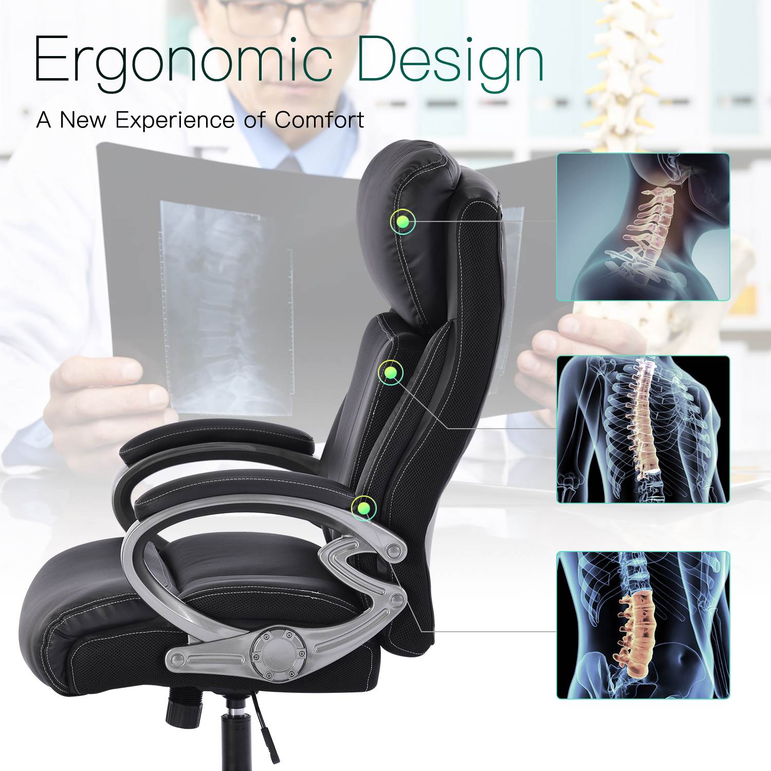 REFICCER High-Back Office Chair, Adjustable Spring Lumbar Support Tilt Tension Bonded Leather Ergonomic Executive Computer Swivel Desk Task Chair, Black