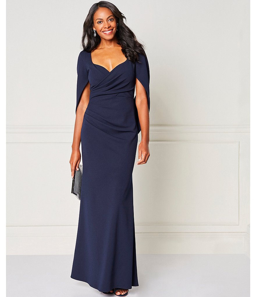 Betsy & Adam Sweetheart Neck Cowl Back Short Drape Sleeve Scuba Crepe Gown