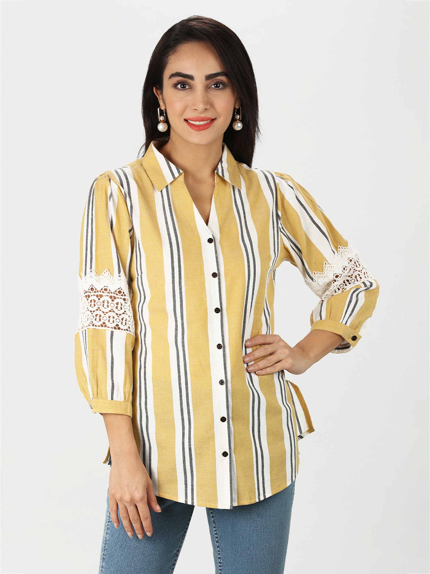Mustard Yellow & White Cotton Striped Shirt